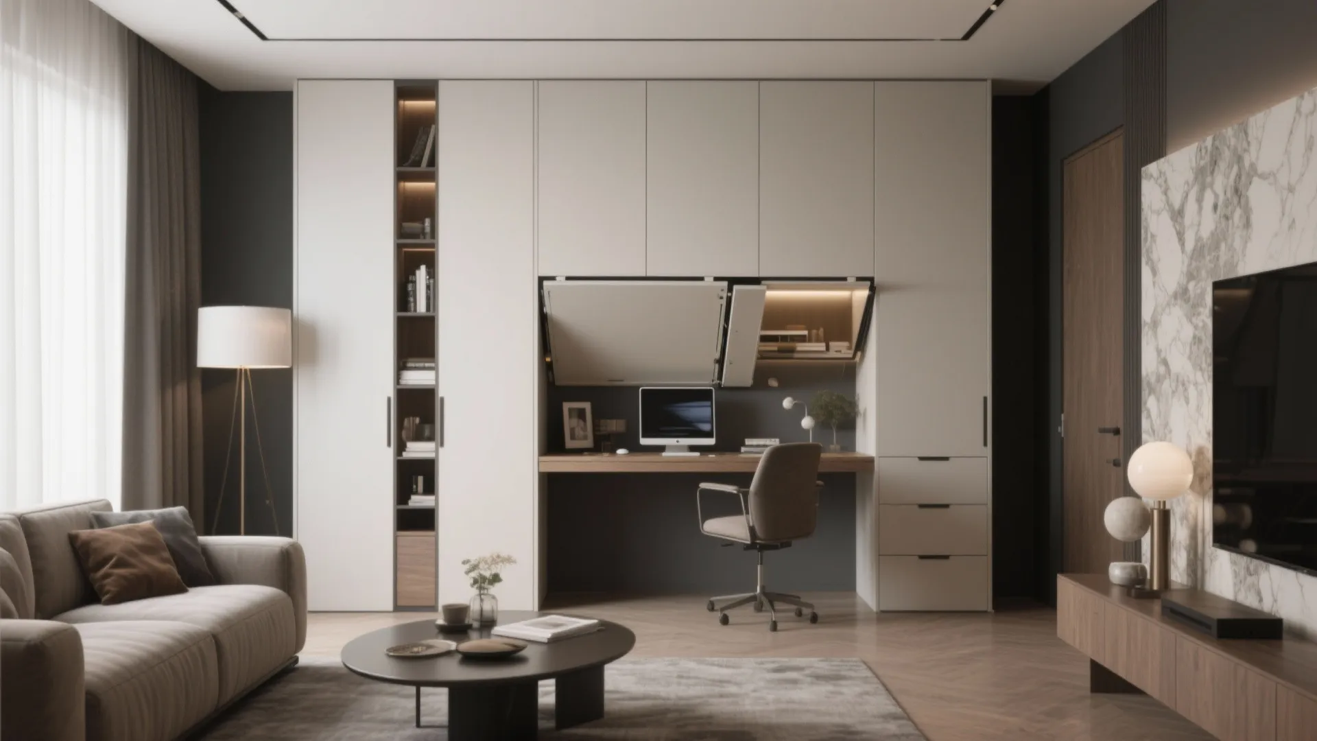 Living room with sofa and large white cabinet containing a hidden fold out home office
