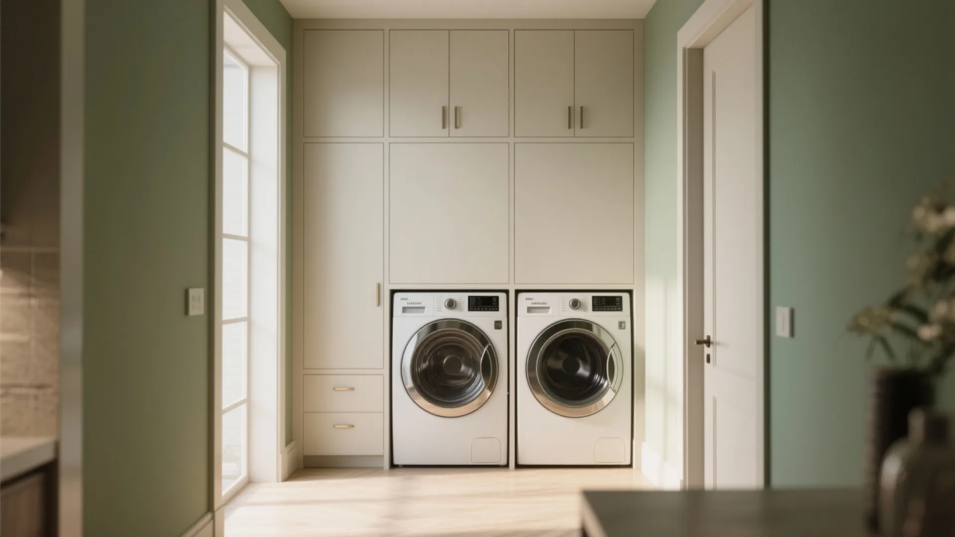 White laundry room cabinets built around two washing machines set against light green walls and floor