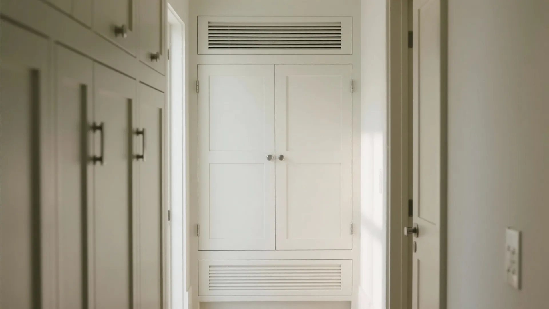 Built in white cabinet with small round knobs located in a bright hallway near a doorway