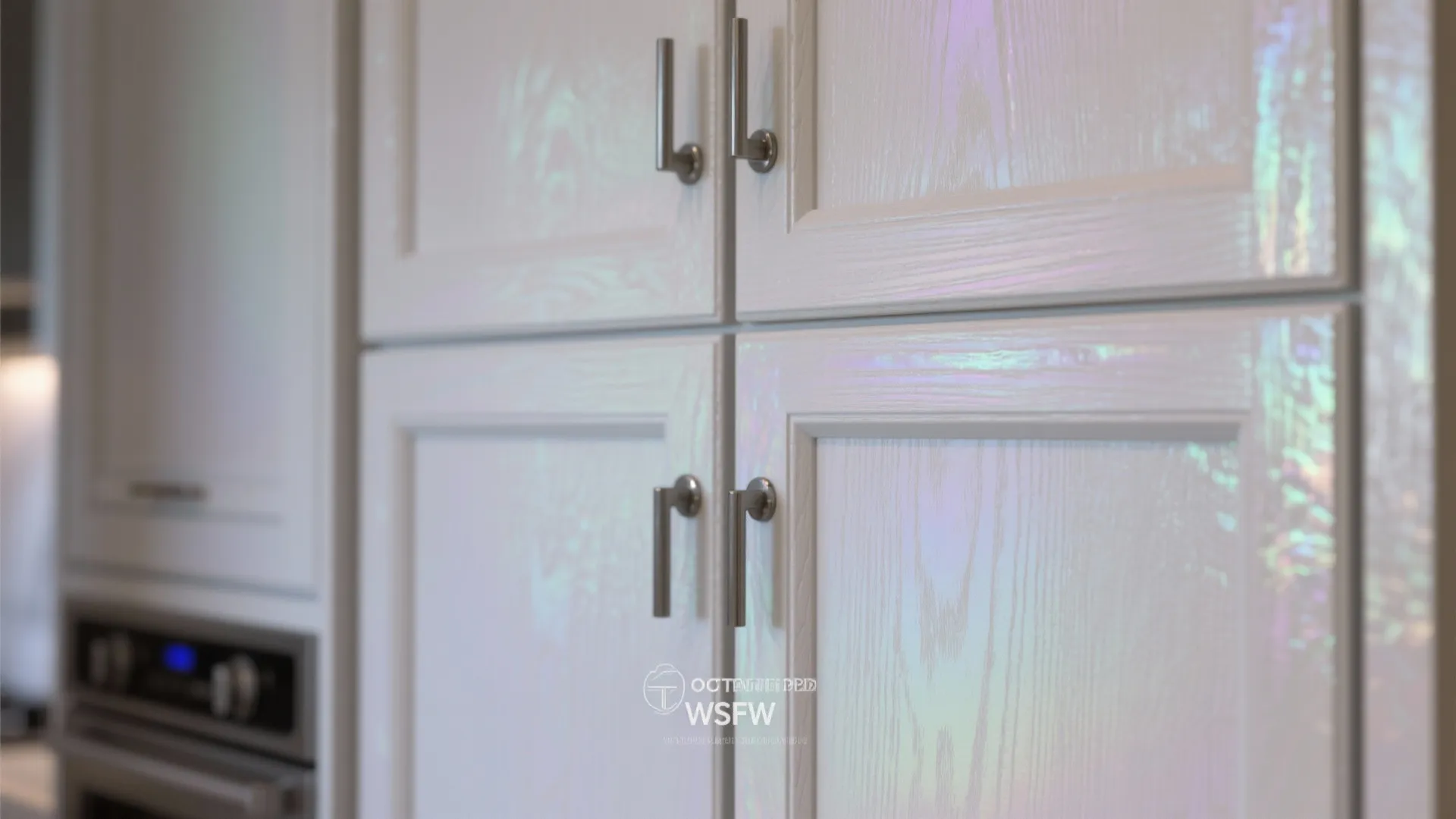 Close-up of cabinet fronts with iridescent finish and matte handles.