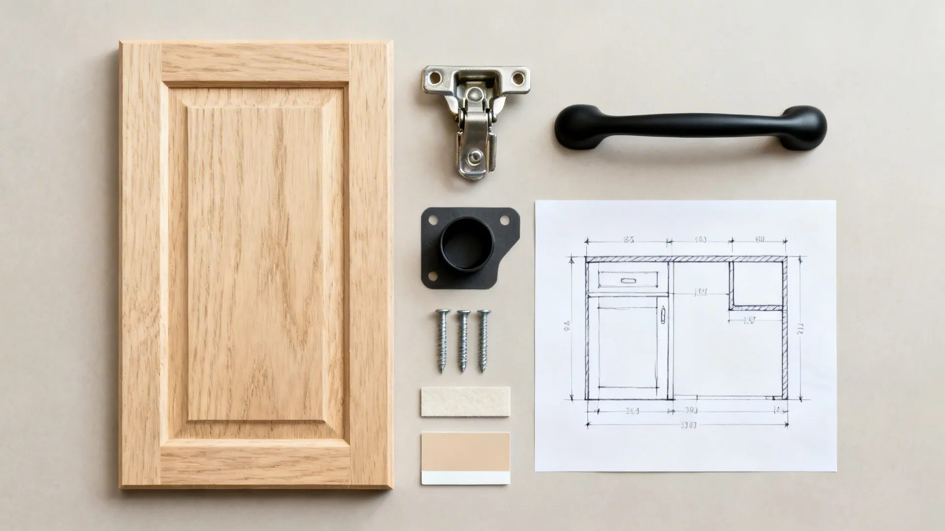 Top-down layout of new door, hinges, pull, shims, and a simple L-shaped plan sketch.