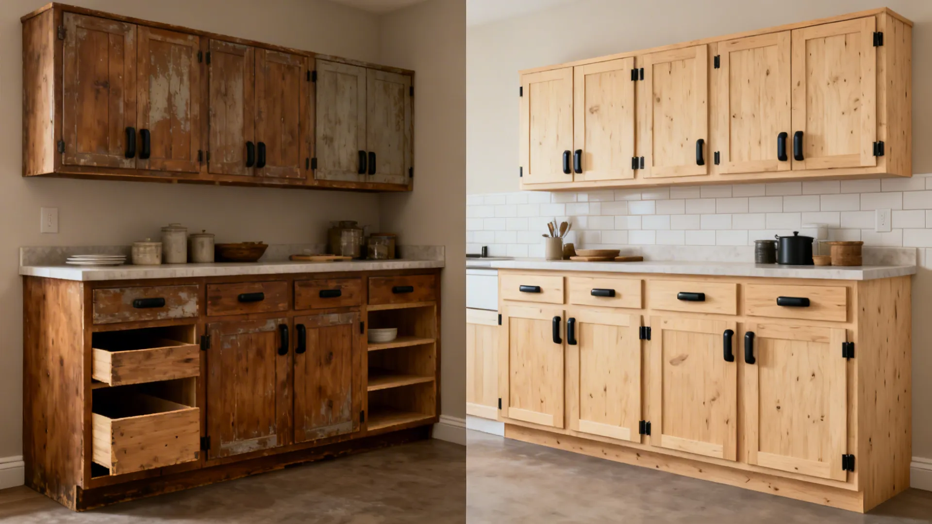 Before-and-after concept of vintage cabinet boxes updated with birch fronts and black pulls.