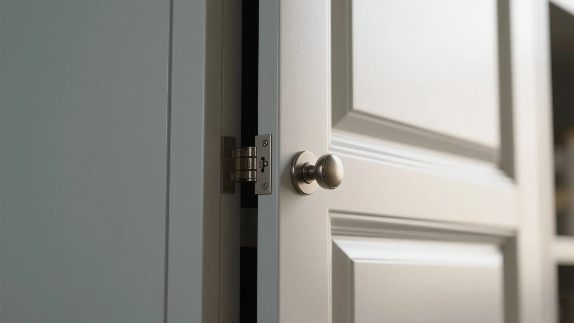 Close up of a white cabinet door showing a silver metal handle and door hinge