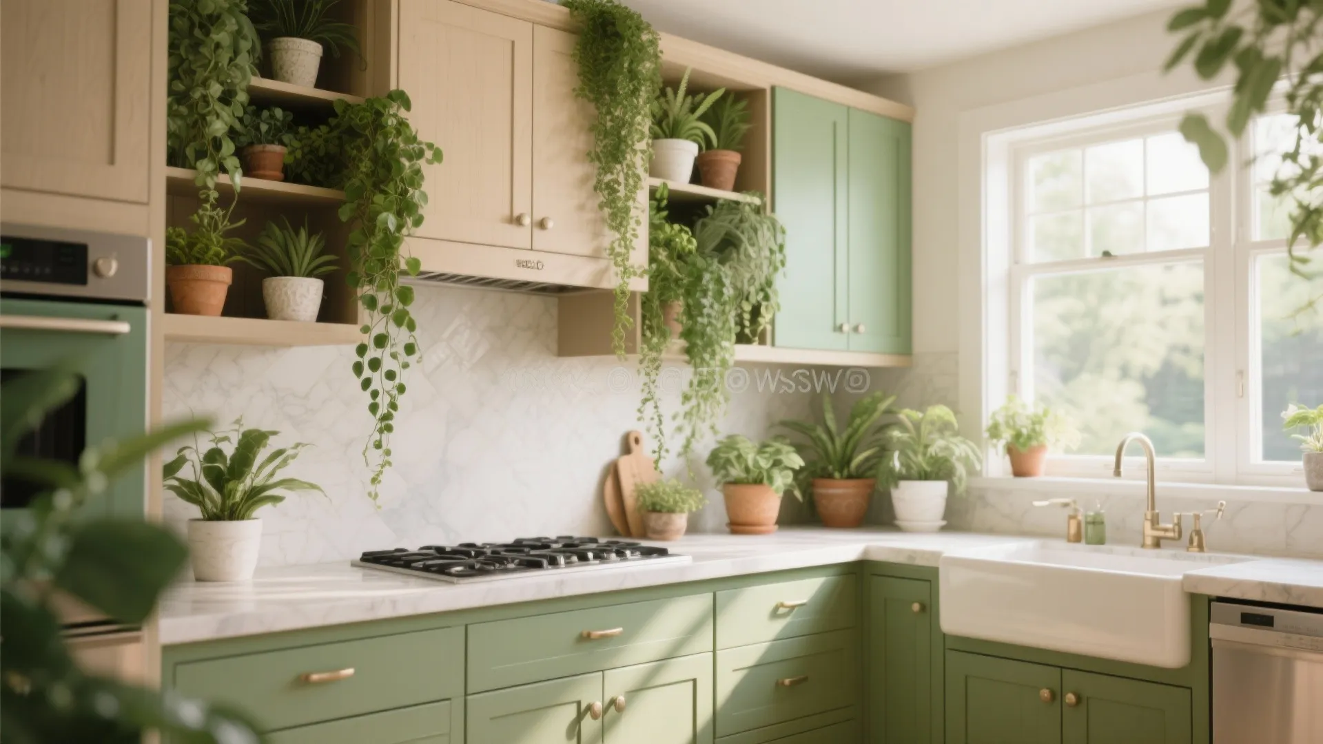 Bright kitchen with green cabinets white sink marble wall and many potted plants on open shelves