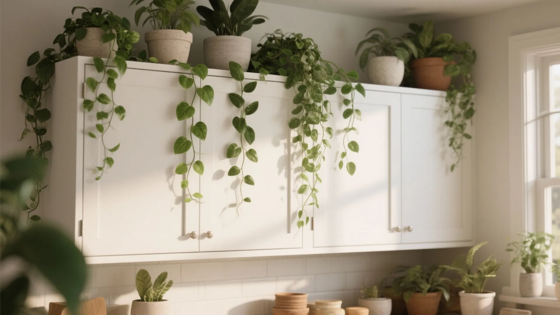 Top-of-cabinet styling with greenery