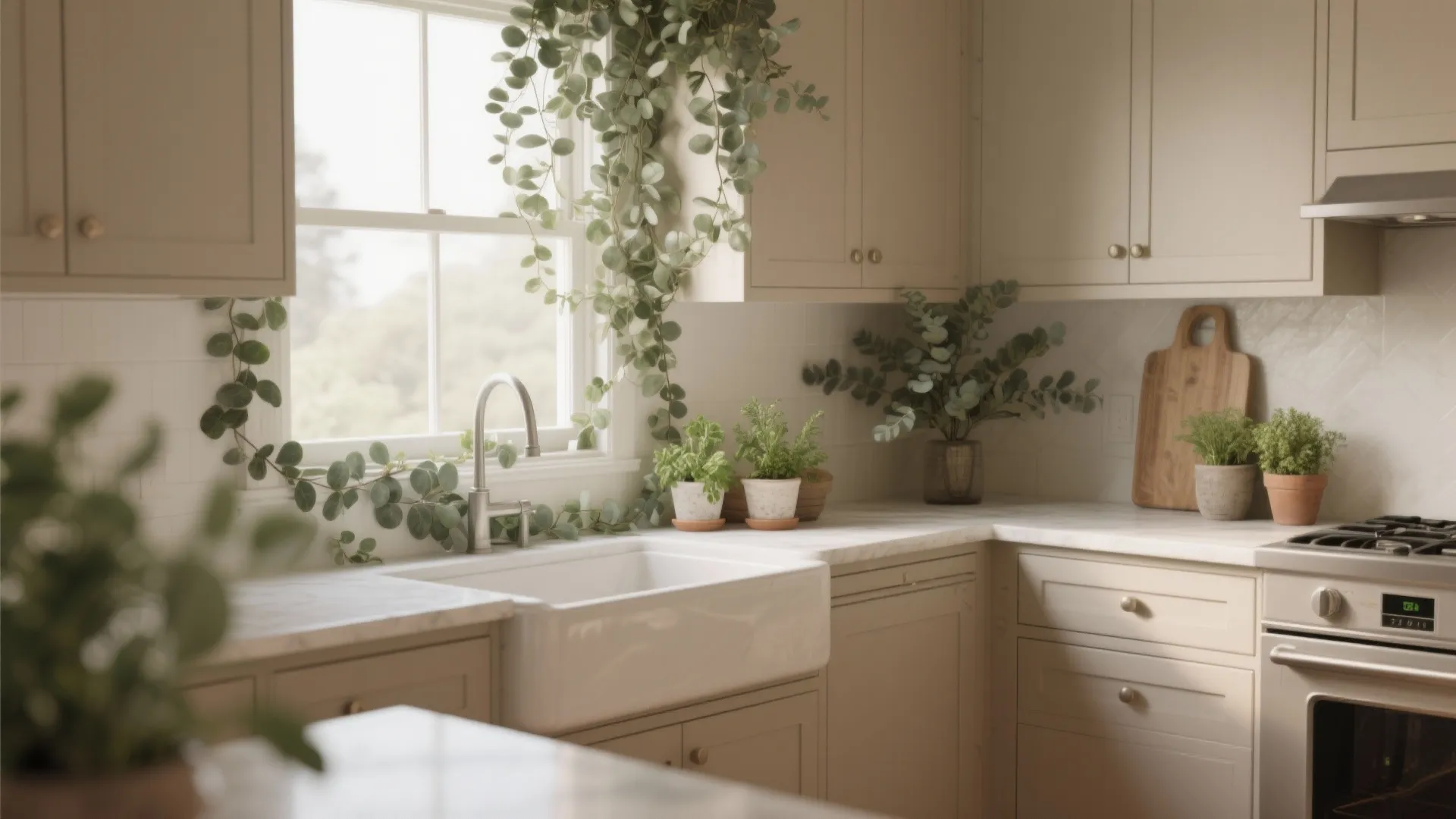 Trailing greenery and small potted herbs arranged atop kitchen cabinets