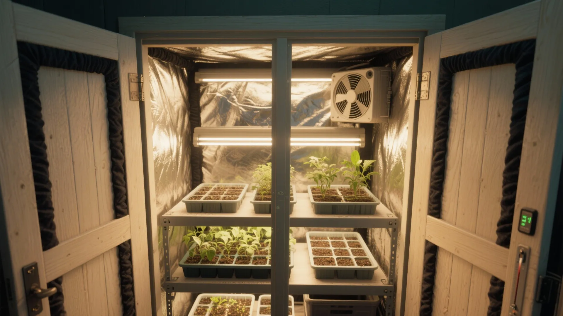 Indoor plant growing cabinet with light fixtures shelves small green plants and a white cooling fan