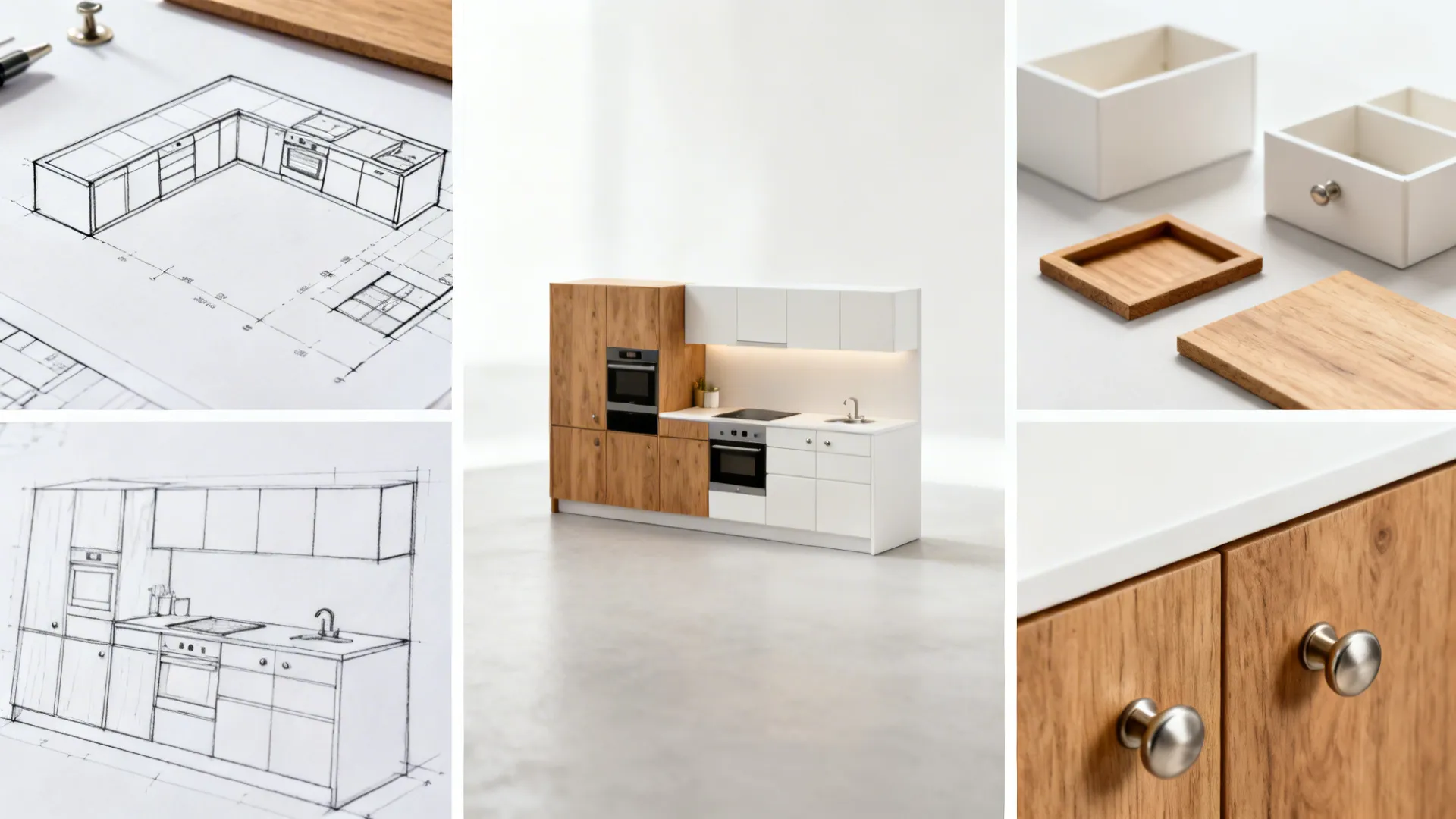 Editorial montage of cabinet elevations, L-shaped plan, materials, sections, and hardware around a small kitchen.
