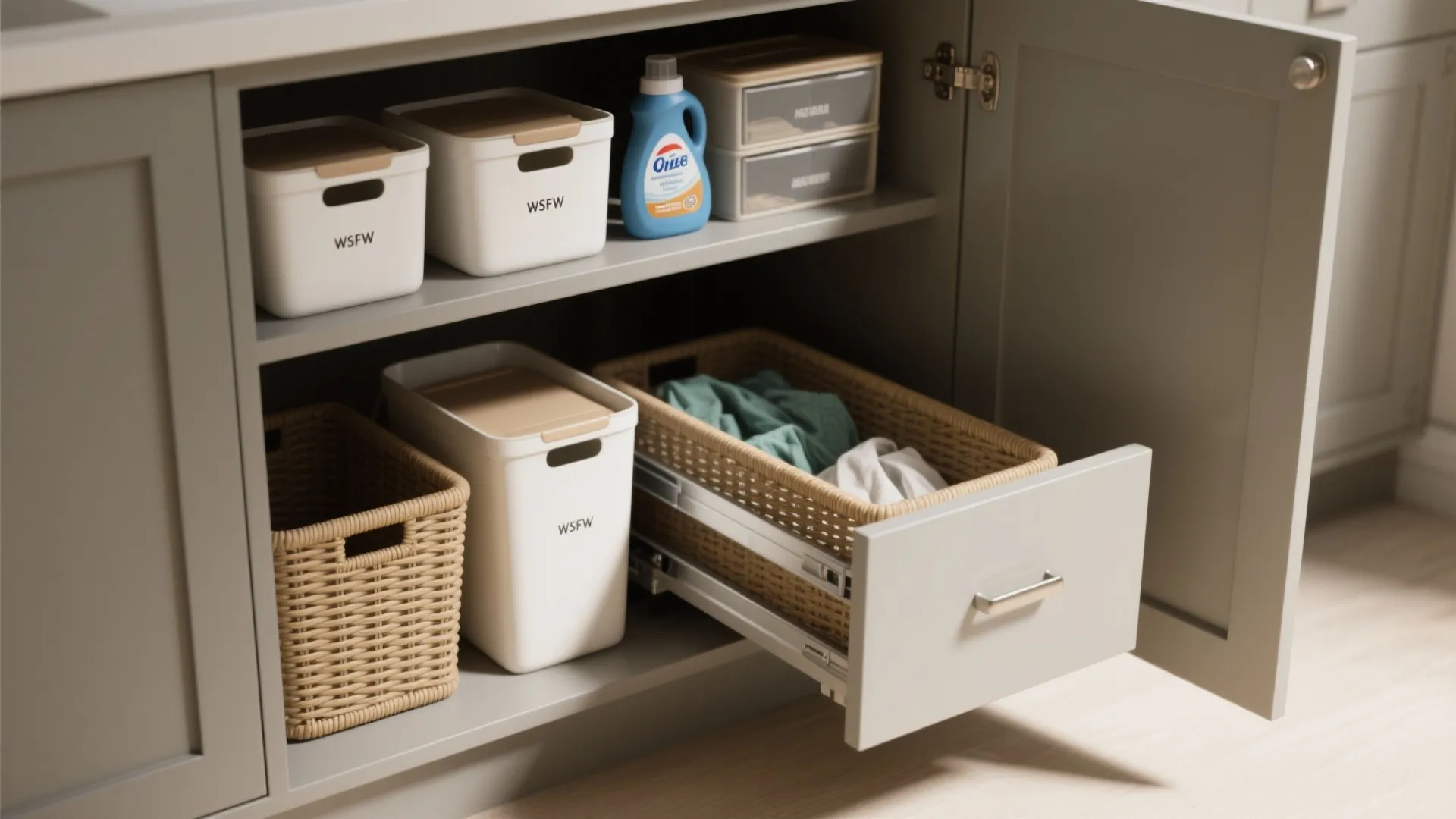 Open laundry cabinet with pull-out basket white storage bins and detergent bottles on grey shelves