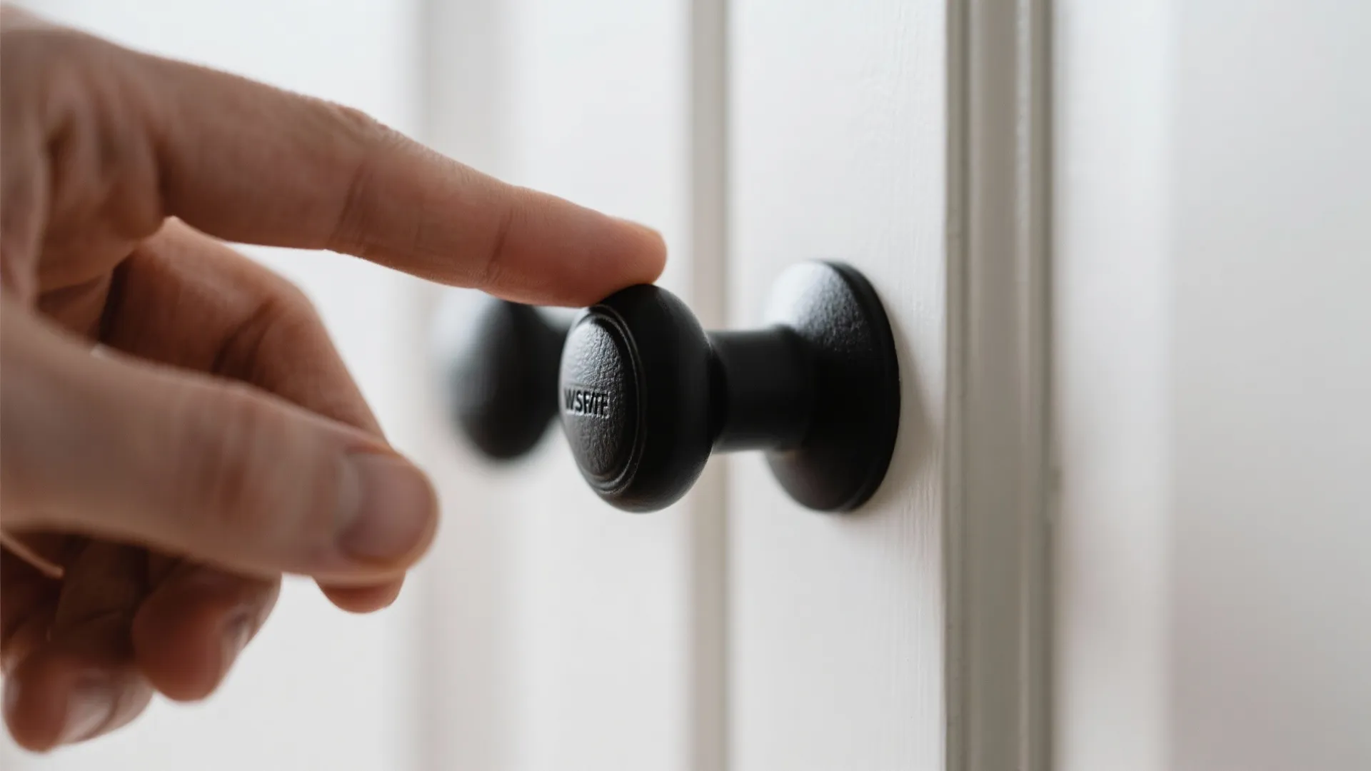 Close up of a hand touching a round black cabinet knob on a white door
