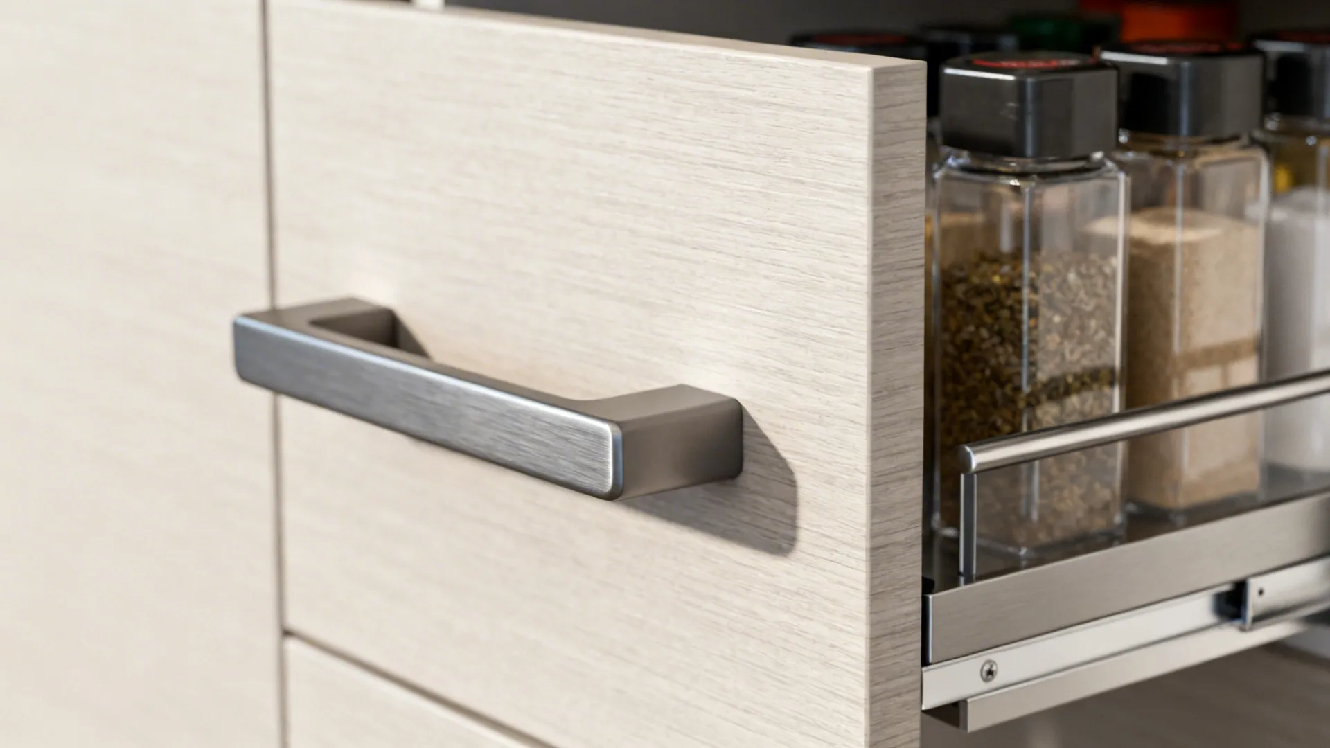Macro of matte soft-edge cabinet pull and slim spice pull-out with clean finishes.