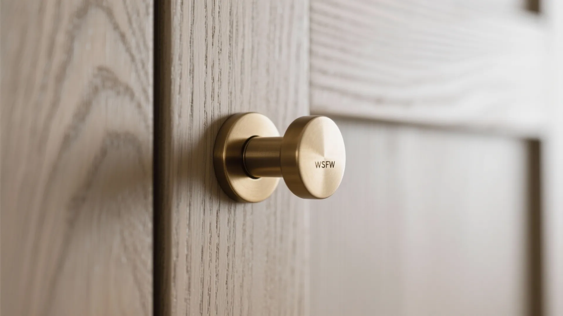 Close up of a round gold cabinet handle installed on a light wood grain storage door