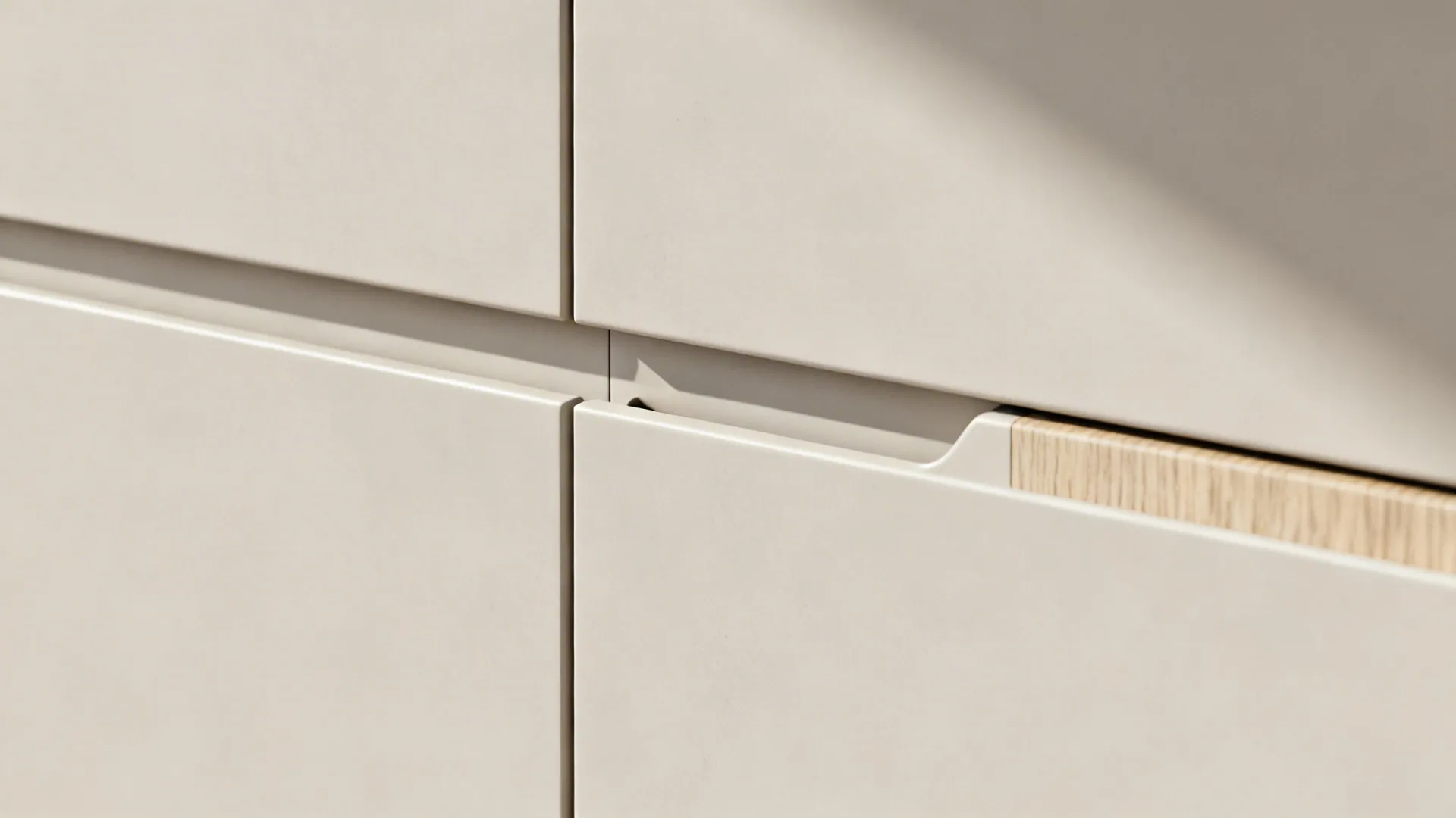 Macro of a handleless matte cabinet front with integrated pull and aligned edges under daylight.