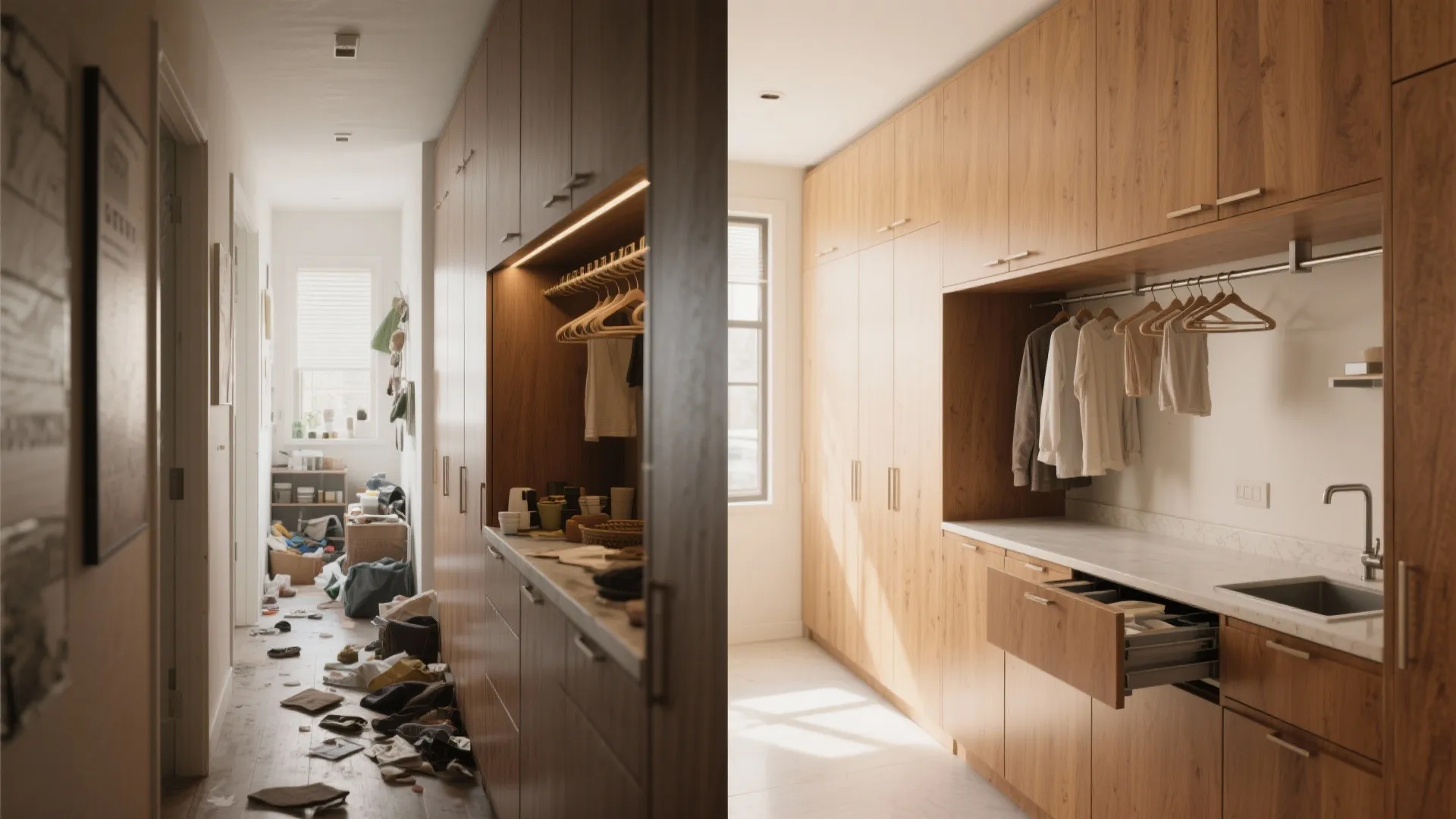 Before and after comparison of a messy cluttered hallway versus a clean organized laundry room