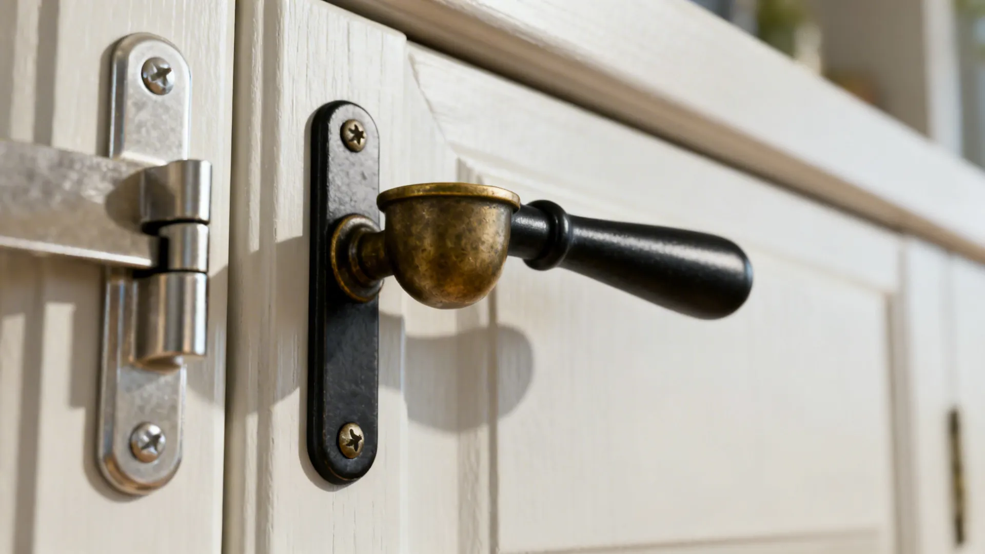 Close-up of cabinet hardware options: matte black and aged brass on painted cabinet doors