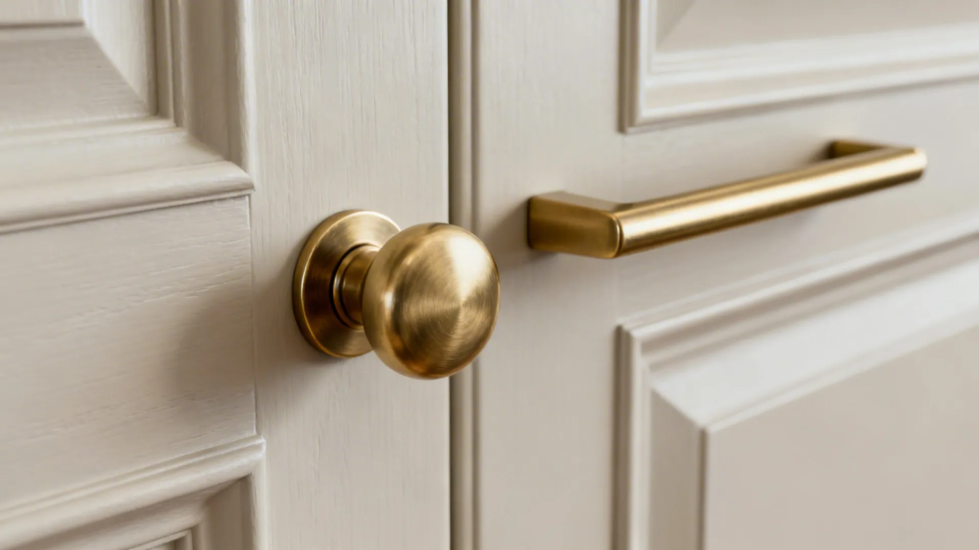 Close up of gold door knob and handle on cream colored wooden cabinet door panels