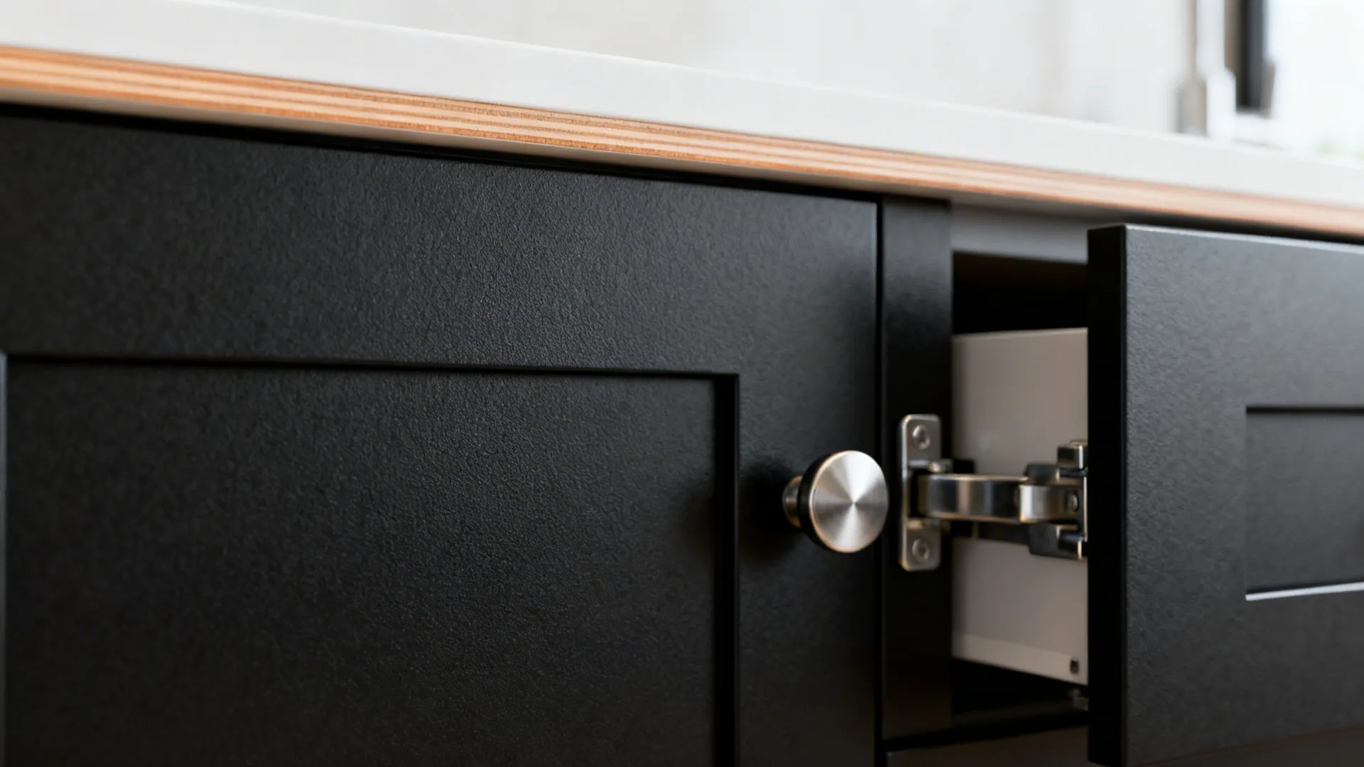 Close-up of black kitchen cabinet door with round metal knob and metal hinge inside drawer