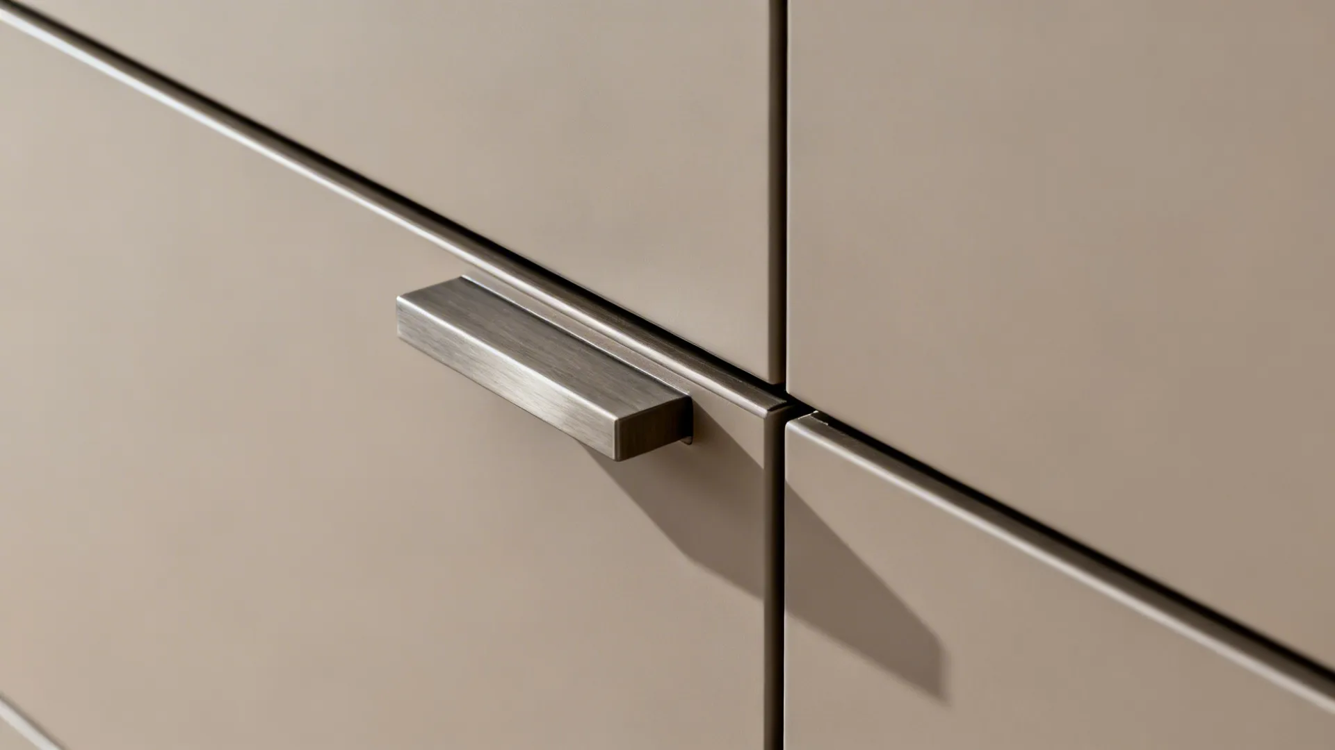 Macro detail of a matte cabinet door with a slim brushed pull and precise soft-close hardware.