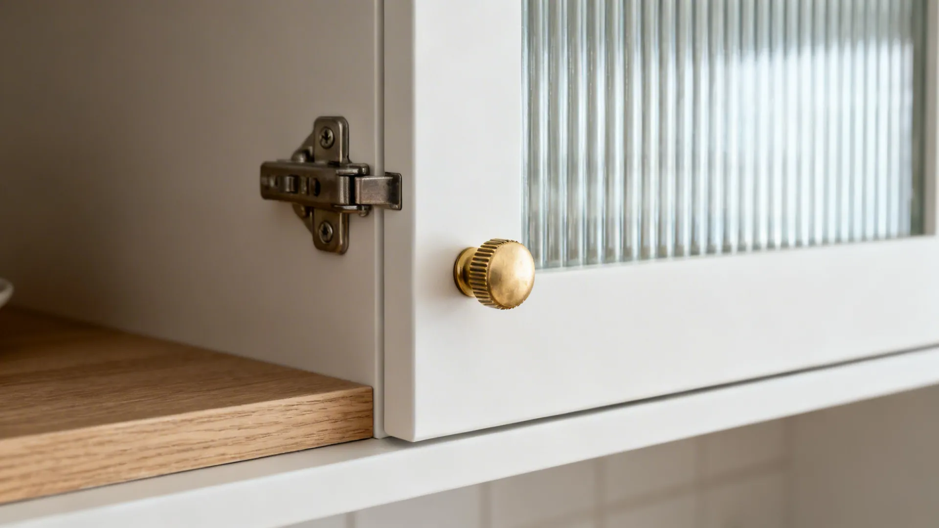 Macro view of 18mm cabinet door edge, soft-close hinge, and knurled brass knob.