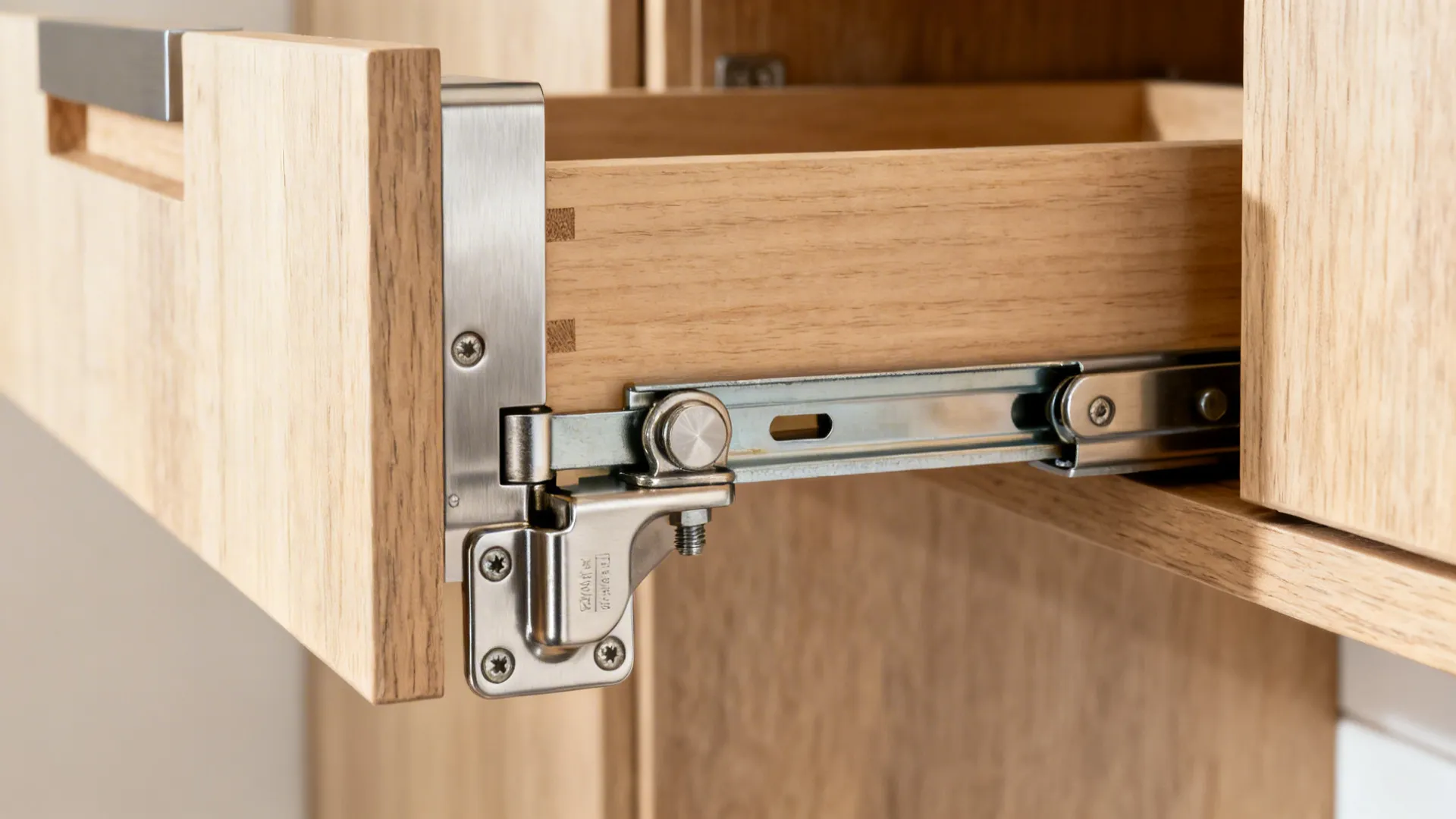 Macro of soft-close hinge, gas lift, and drawer slide installed on a light wood cabinet.