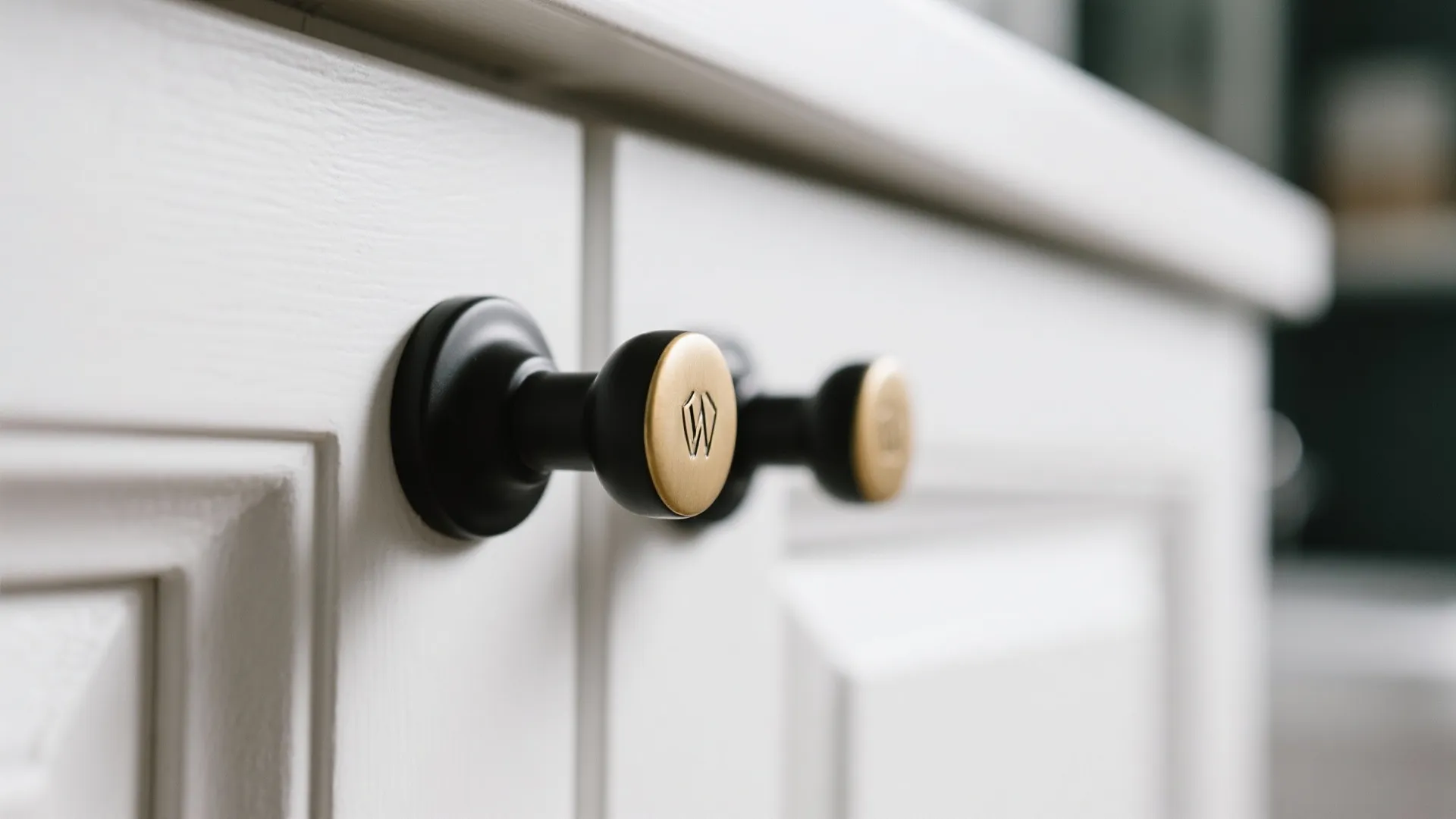 Close-up view of modern white cabinet doors featuring black and gold round metal door knobs