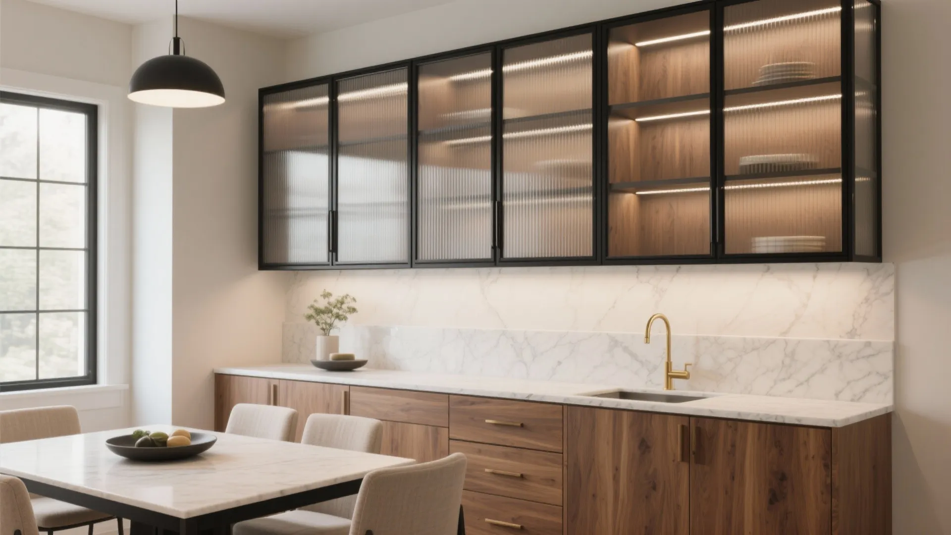 Modern kitchen with wood lower cabinets and glass wall cabinets plus a marble table and chairs