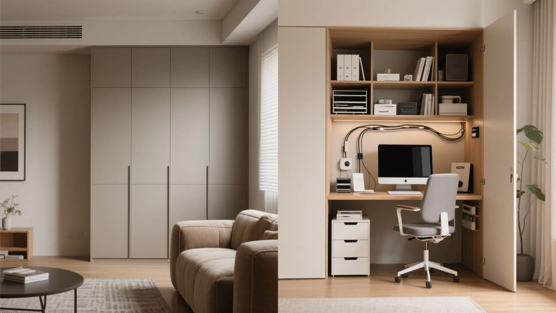 Before and after comparison showing a closed grey cabinet and a hidden desk setup inside