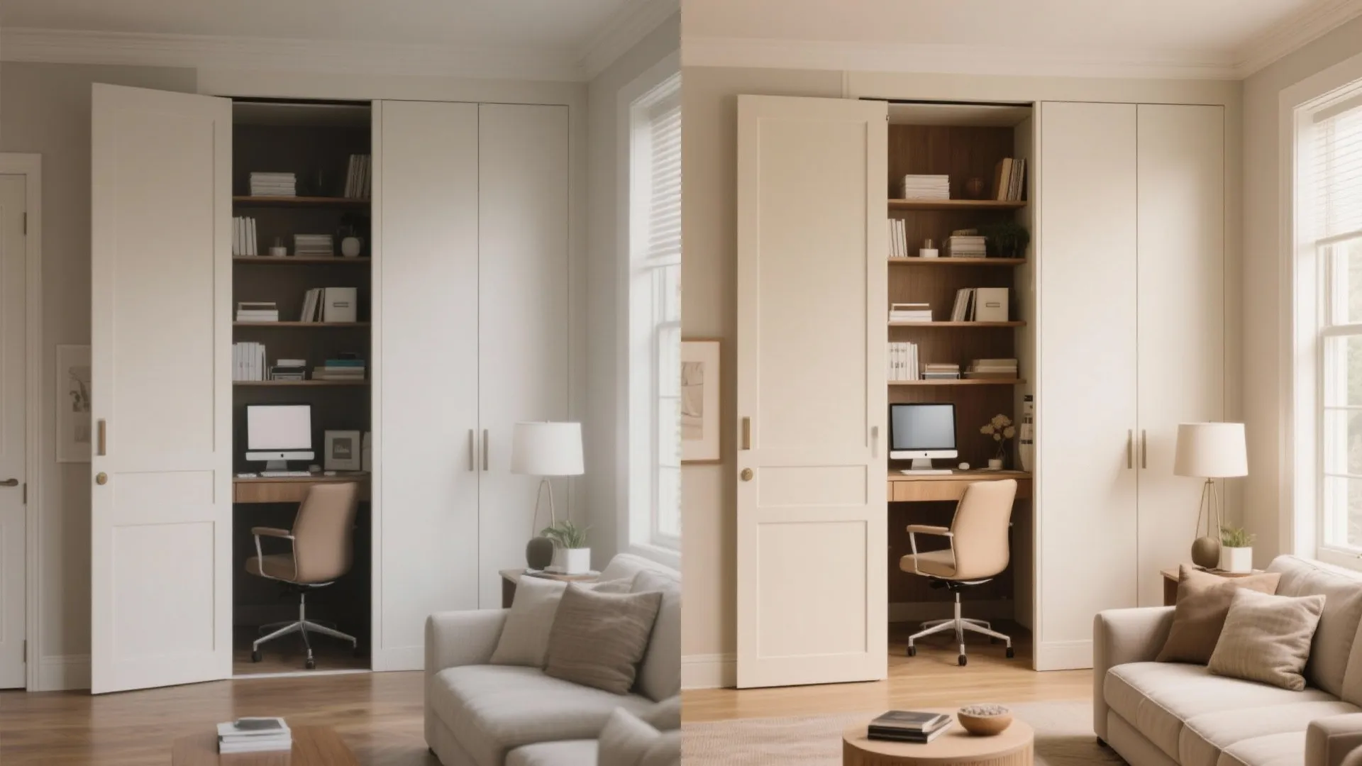 Living room with large white folding doors opening to show a hidden computer desk workspace