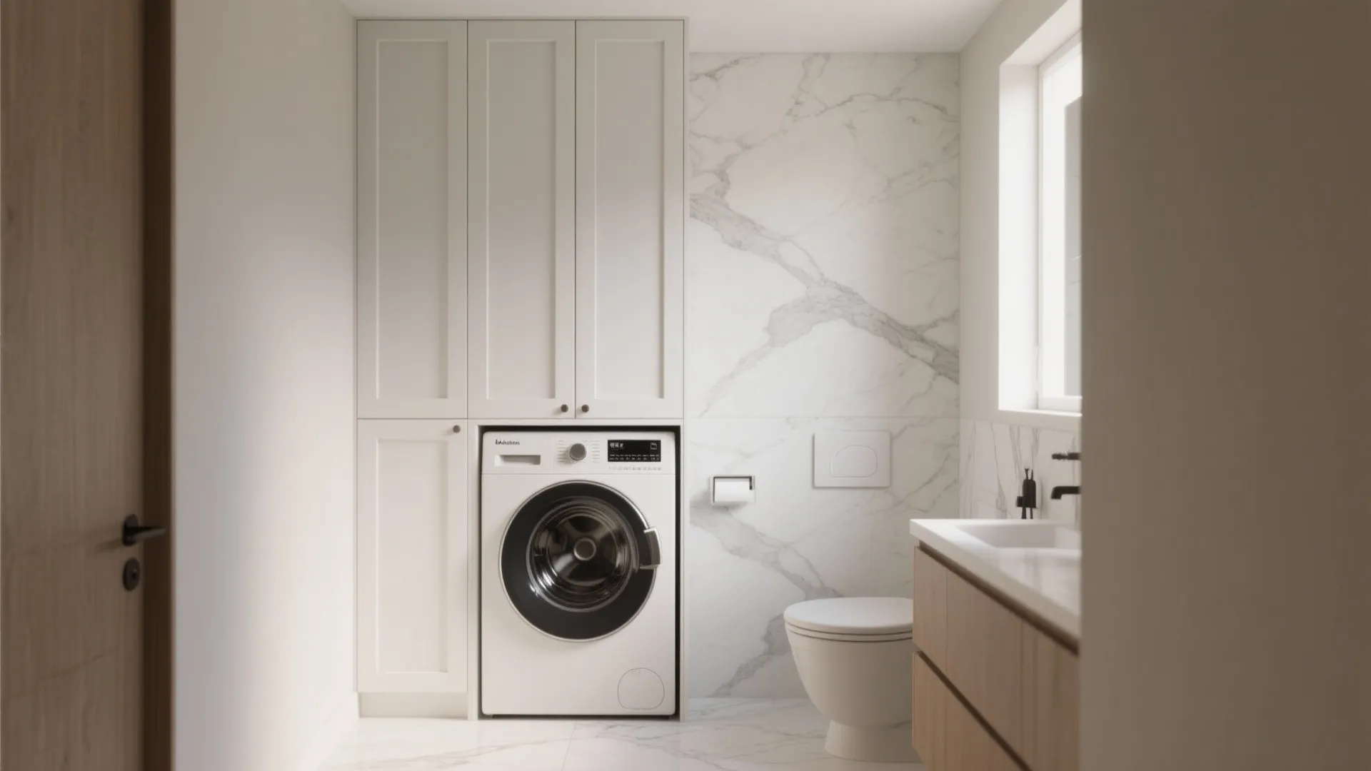 Modern bathroom with white washing machine built into white cabinet next to a white toilet
