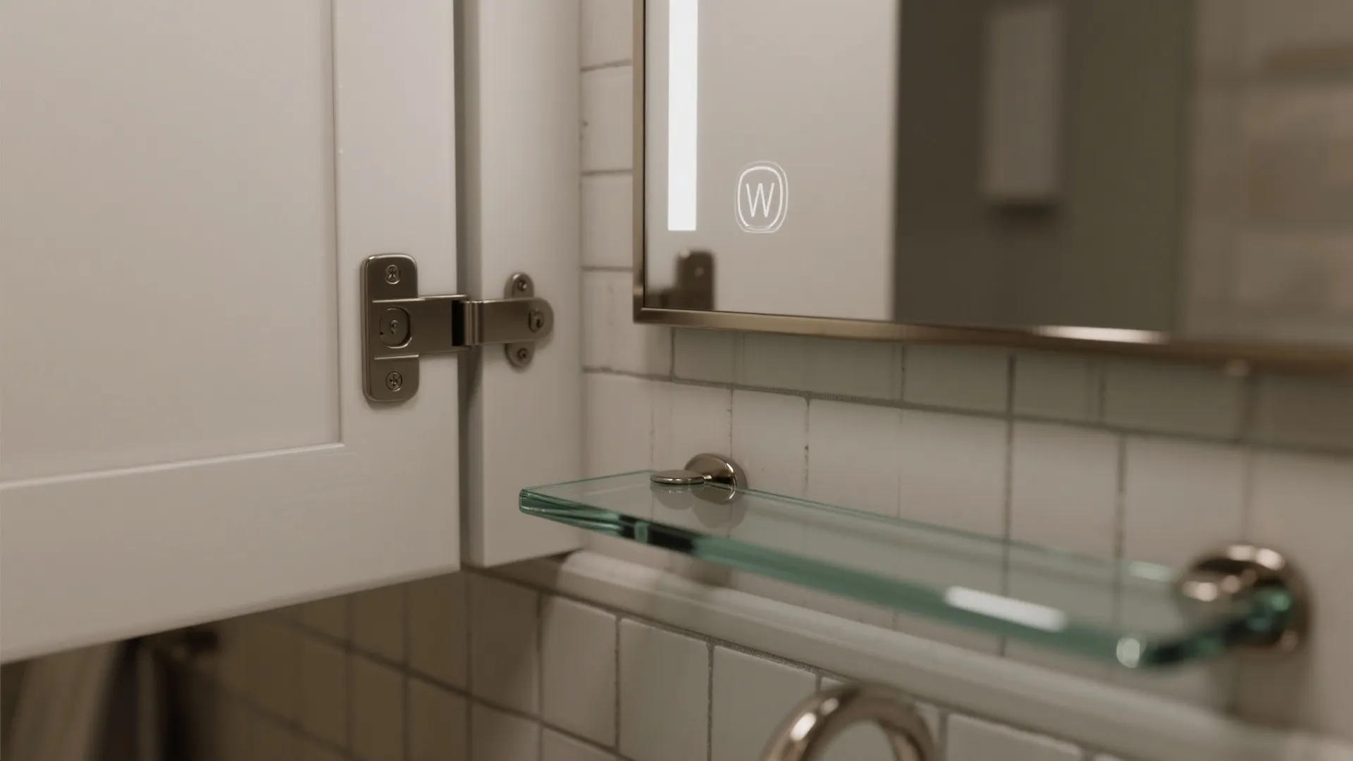 Close-up of a recessed cabinet’s soft-close hinge and flush mirror edge.