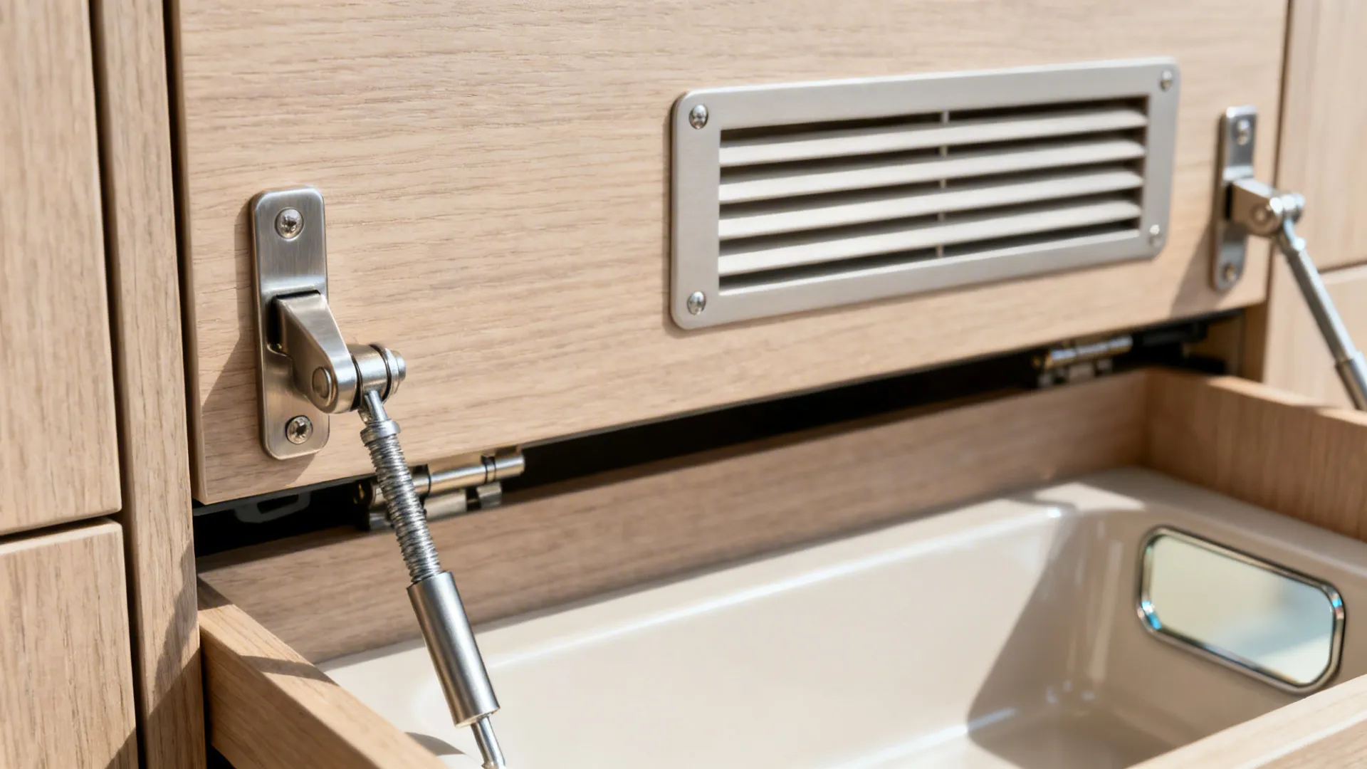 Macro of hinge and gas strut on a flip-down basin cabinet with vent detail.