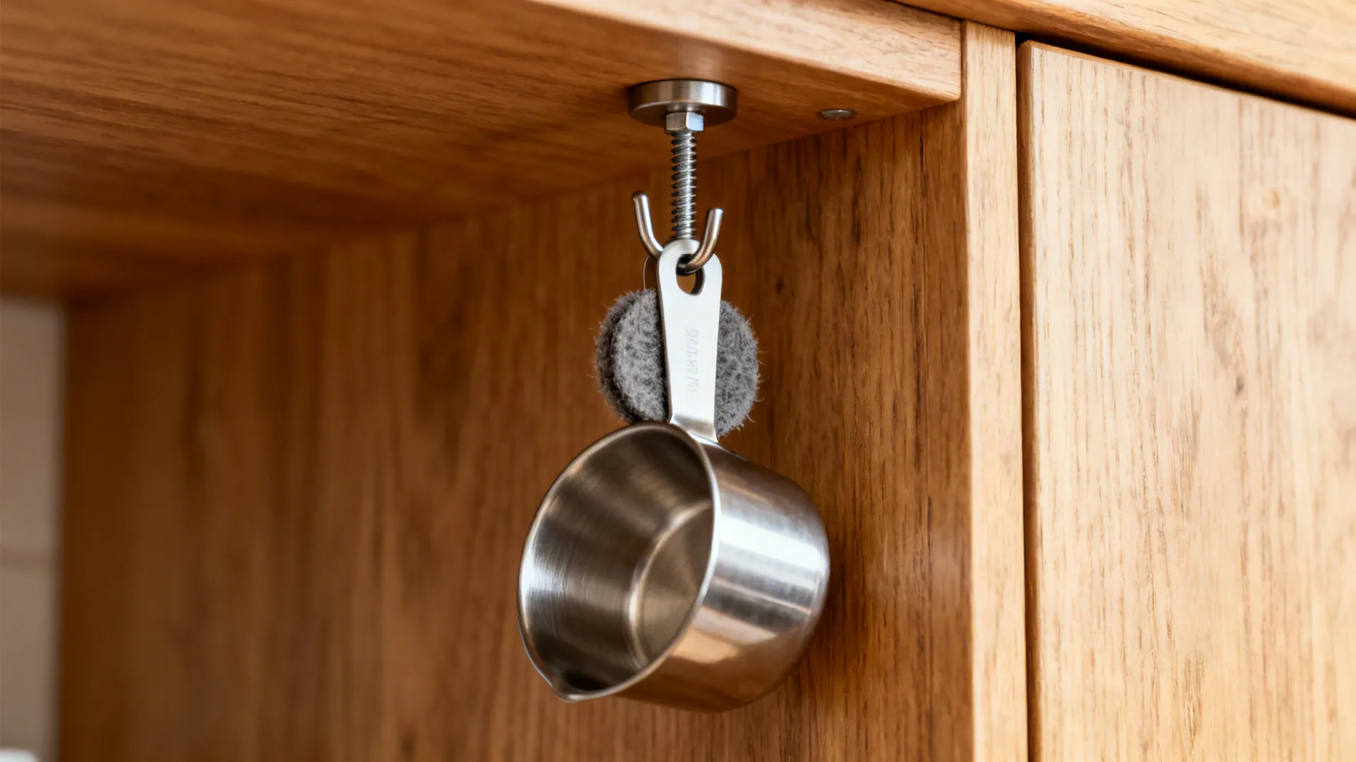 Close-up of an inside-cabinet hook with felt pad holding measuring cups.