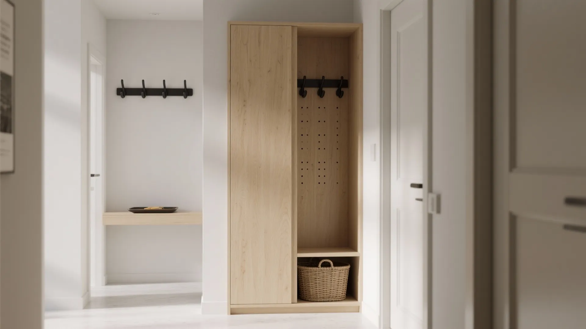 3) Tall Cabinet + Hook Rail Combo: Balance Closed and Open Storage