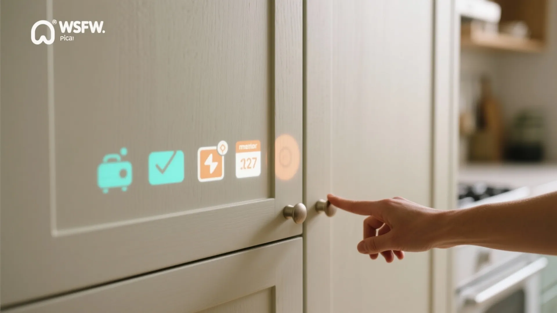 Close up of a hand touching a cabinet with digital icons showing task management smart features
