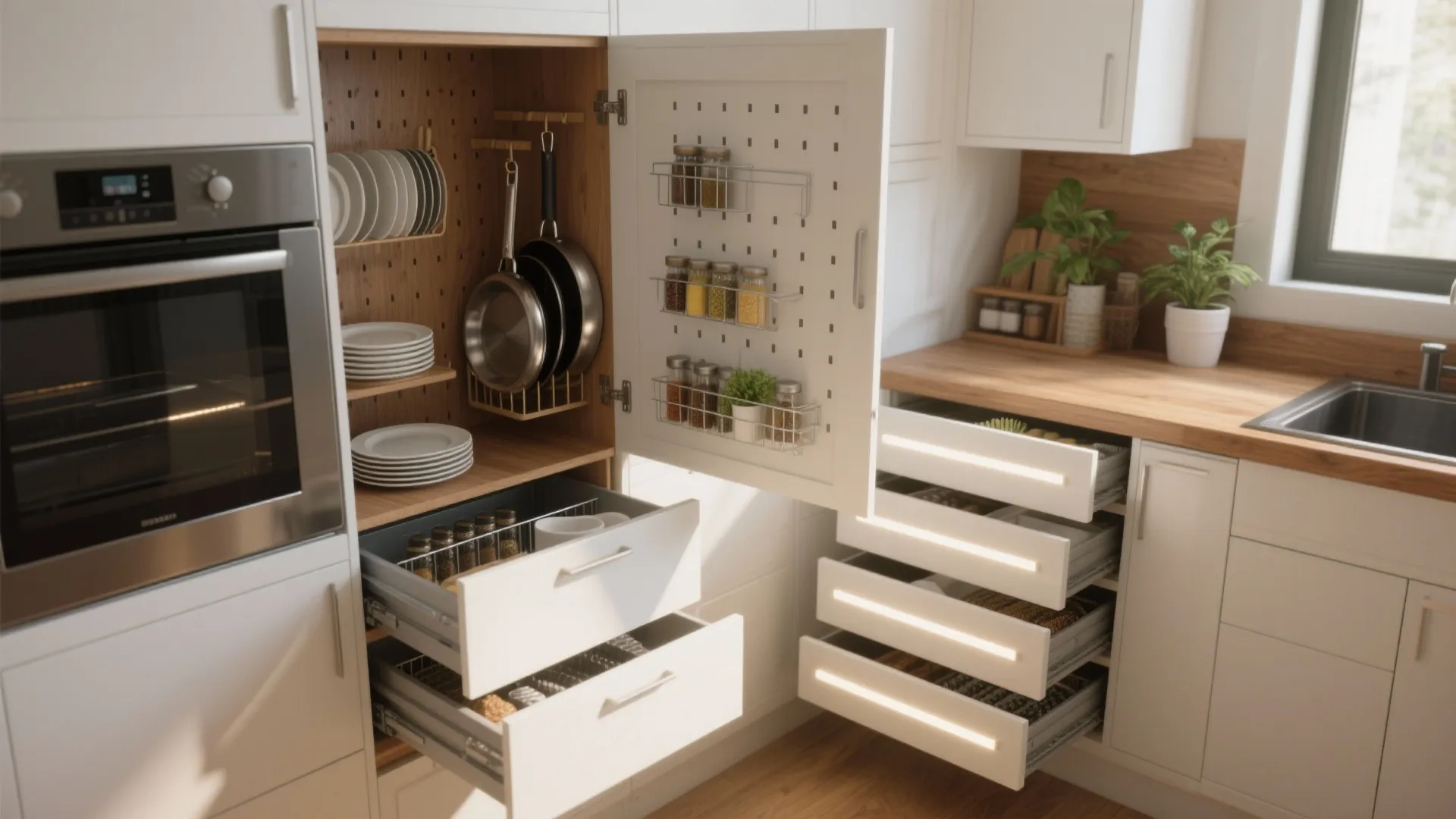 White kitchen cabinet with open drawers showing plates and pans with organized spices on door