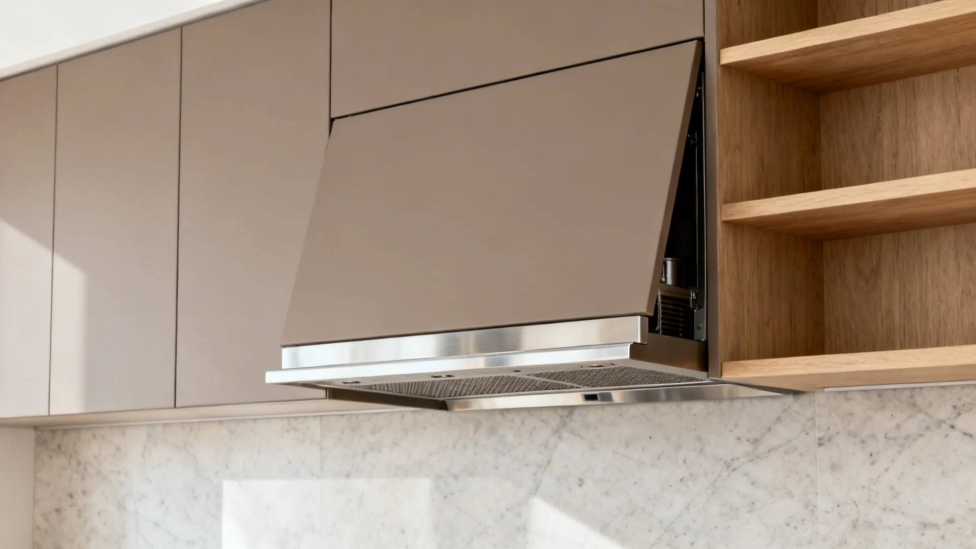 Seamless cabinet-integrated hood insert hidden behind a matching panel in a modern kitchen.