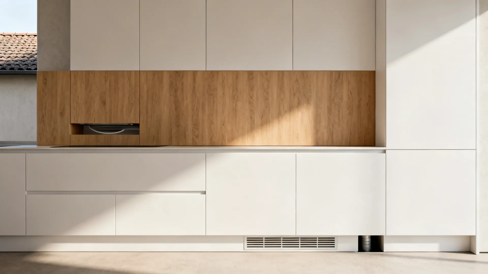 Seamless cabinet-integrated hood with discreet make-up air grille in a calm, modern kitchen.