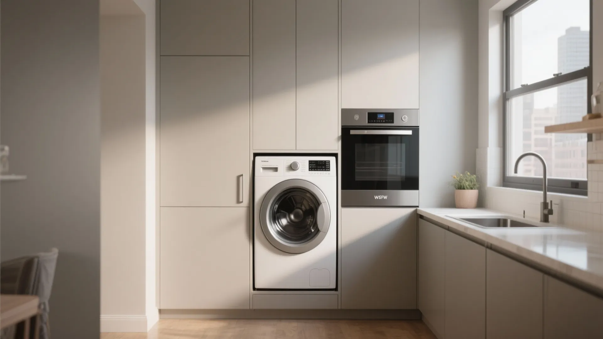 Minimalist kitchen featuring a white washing machine and black oven integrated into beige wall cabinets