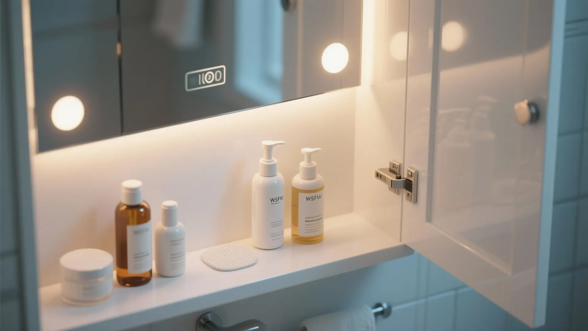Interior of a white medicine cabinet with integrated LED frame lighting and puck lights.