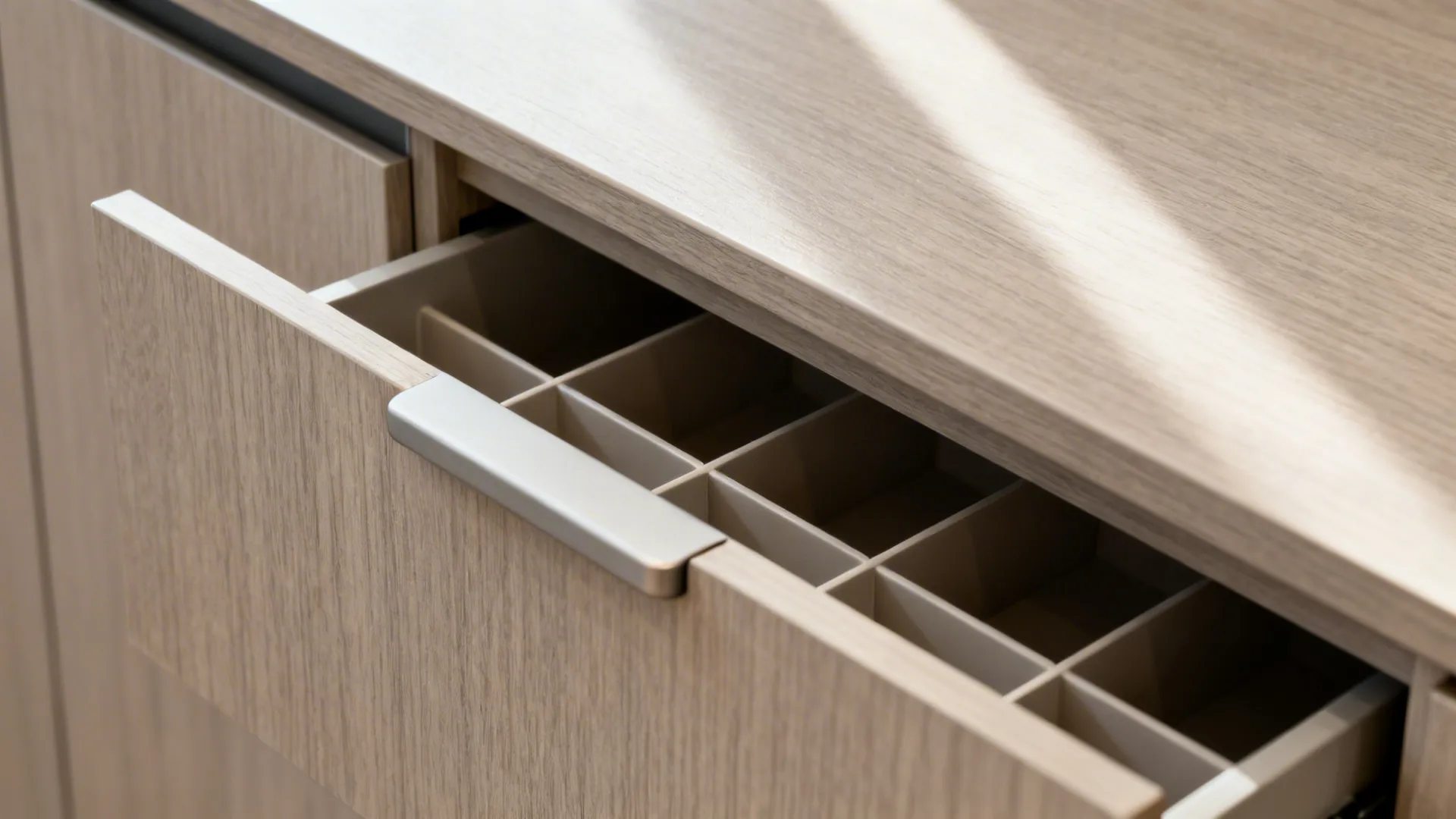 Macro view of matte flat-panel cabinet with integrated pull and drawer divider system.