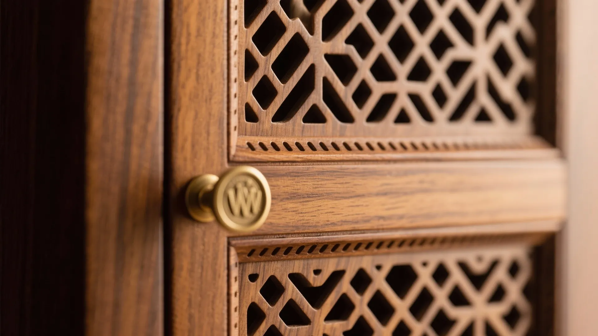 Macro of teak veneer CNC jali cabinet door with brass knob and crisp perforations.