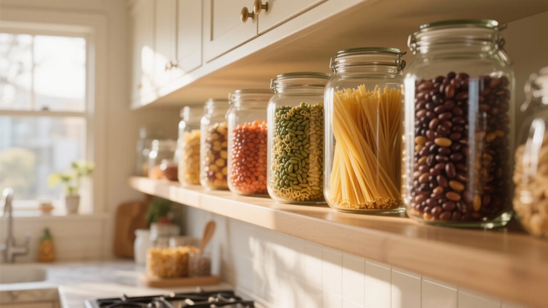 Glass jars filled with pasta and beans sitting on a wooden shelf in bright kitchen