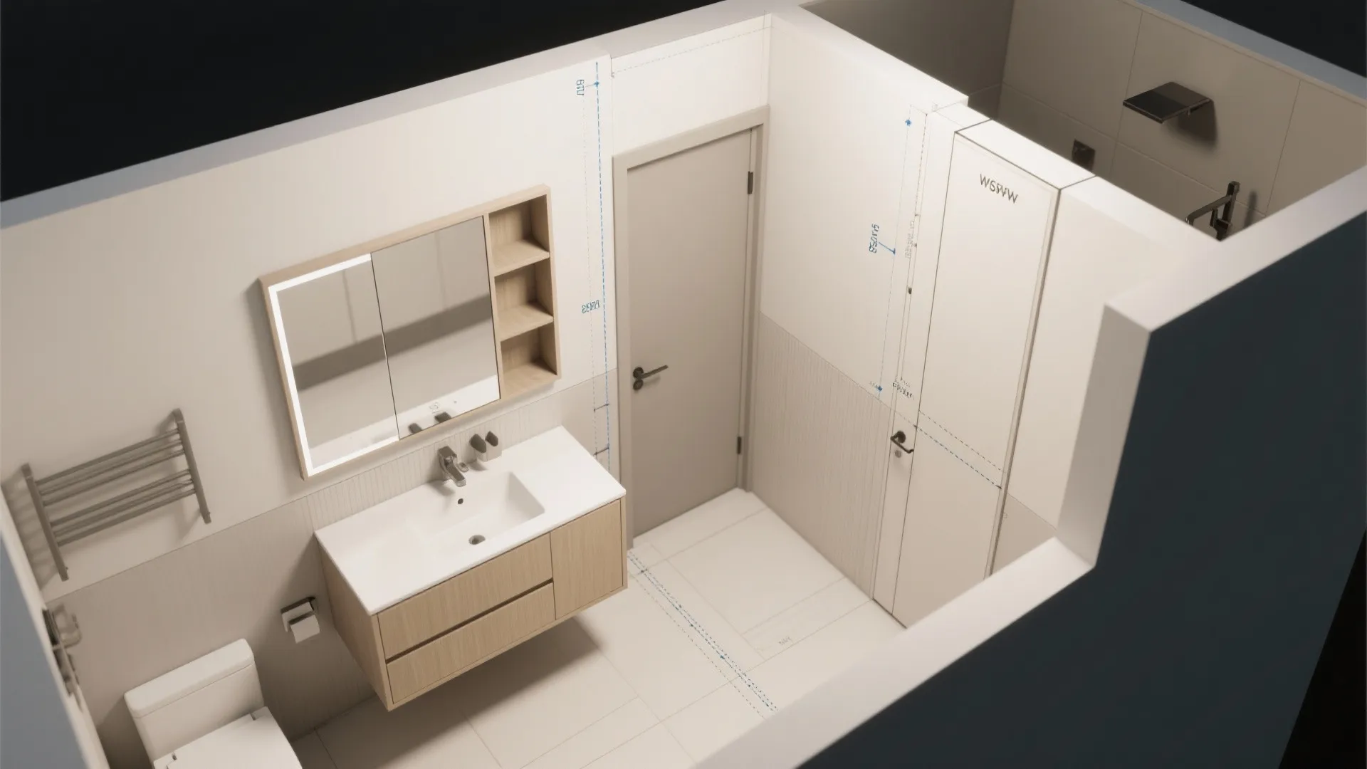 Interior design drawing of bathroom layout showing cabinet placement toilet door and shower area dimensions