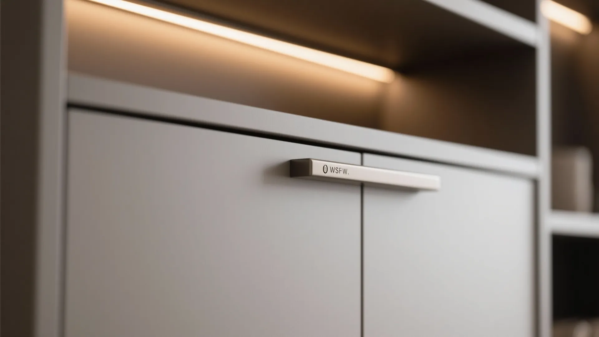 Close up of grey cabinet doors with metal handle and integrated warm light fixture above