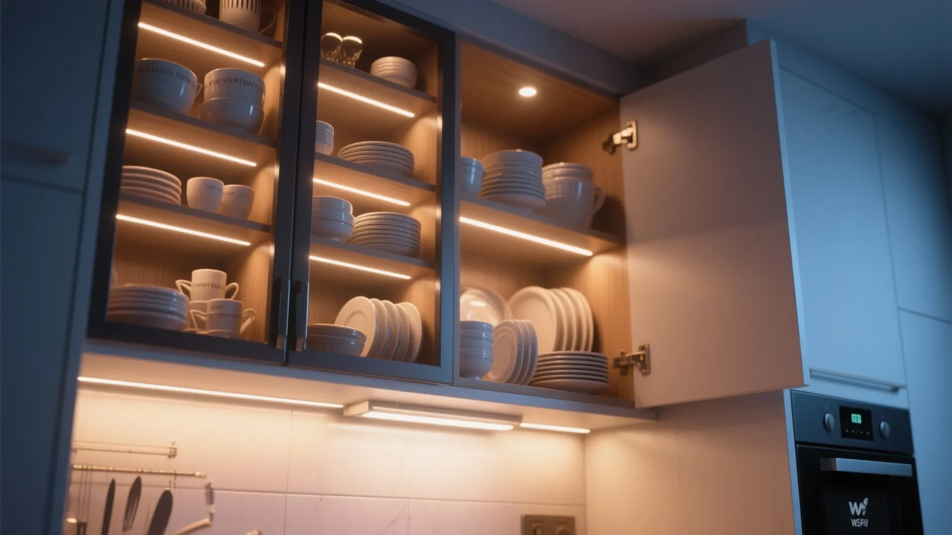 Kitchen cabinets with glass doors and internal light strips illuminating stacked white plates and bowls