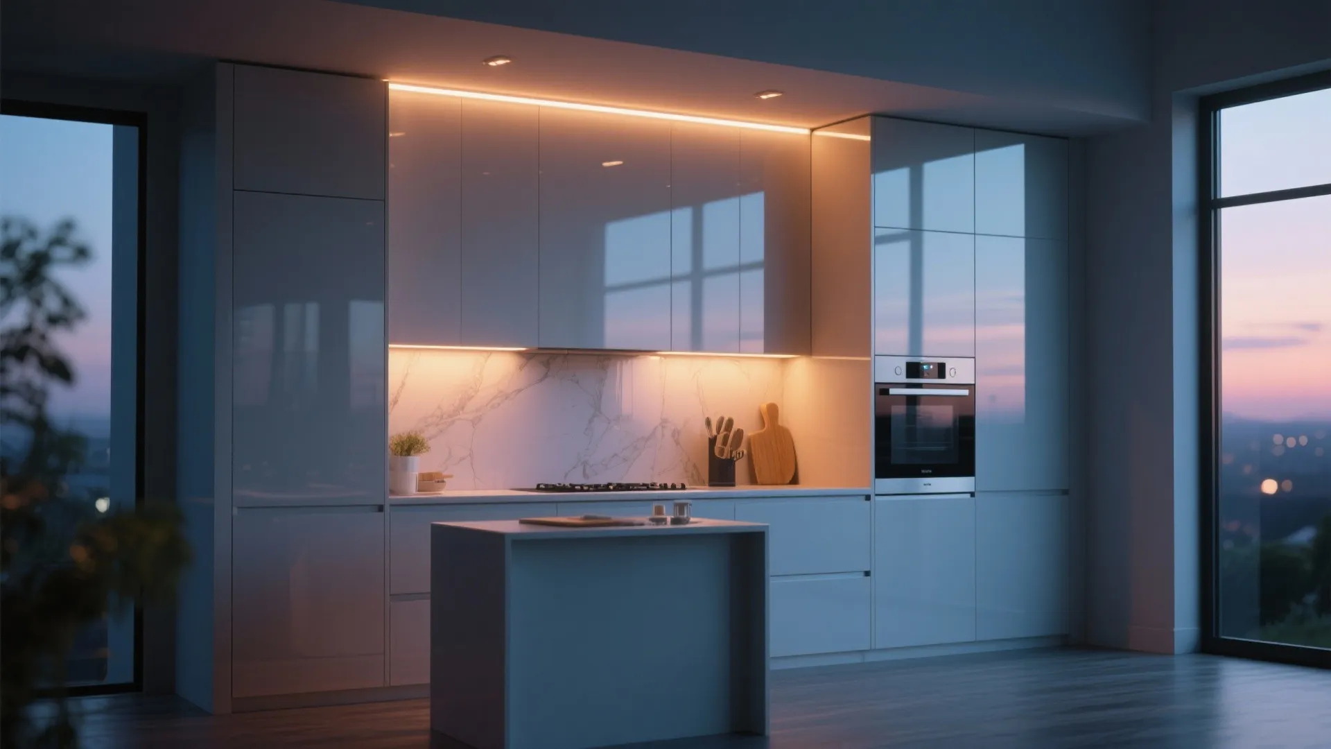 Modern kitchen with white cabinets warm light fixture marble wall and small kitchen island at sunset