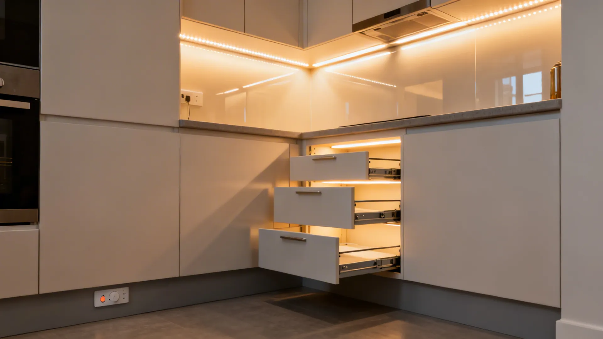 Under-cabinet LEDs and in-cabinet strips illuminate counters and pantry pull-outs in a small kitchen.