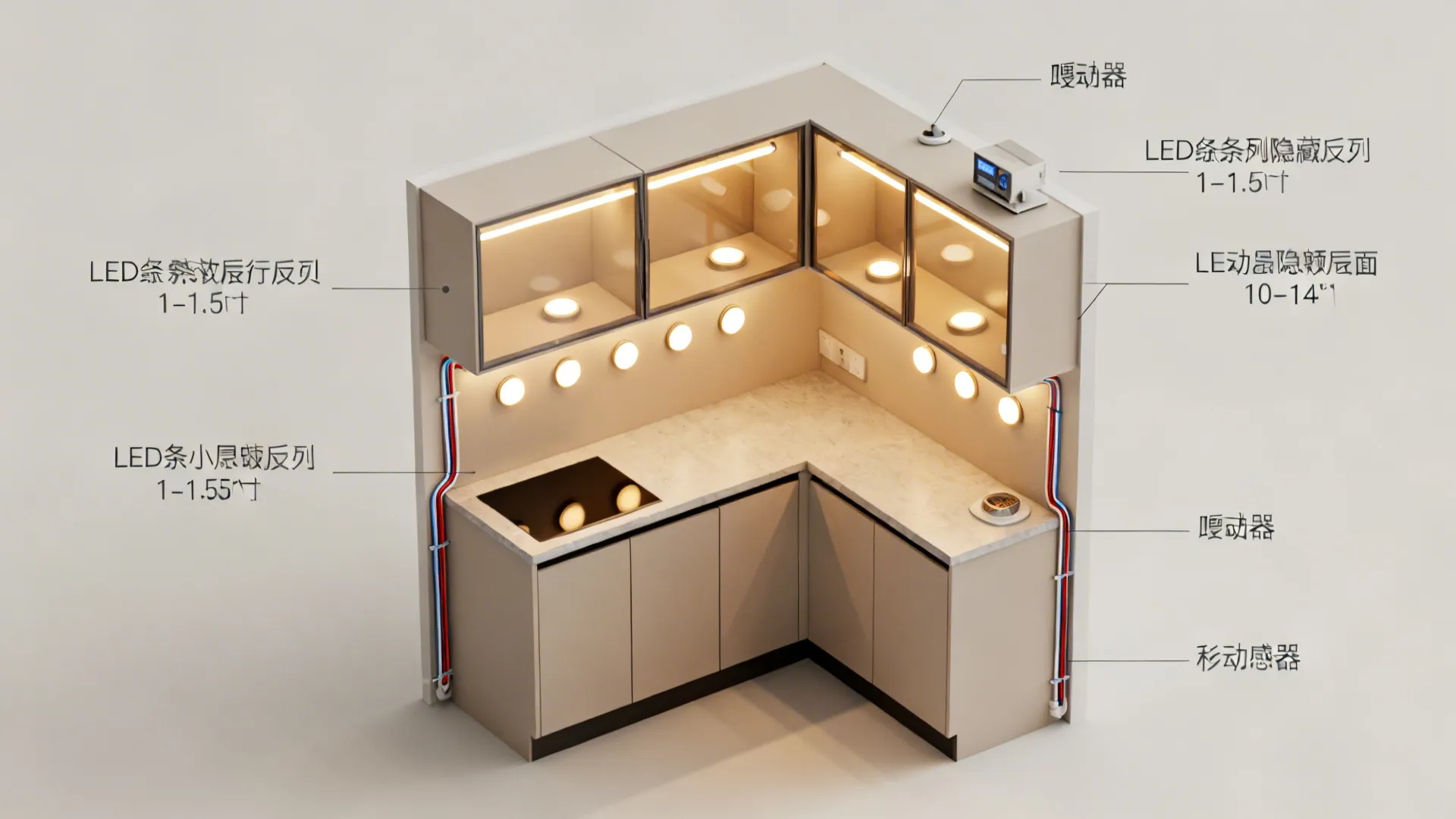 Interior design drawing showing a kitchen cabinet layout with various light fixture options and labels