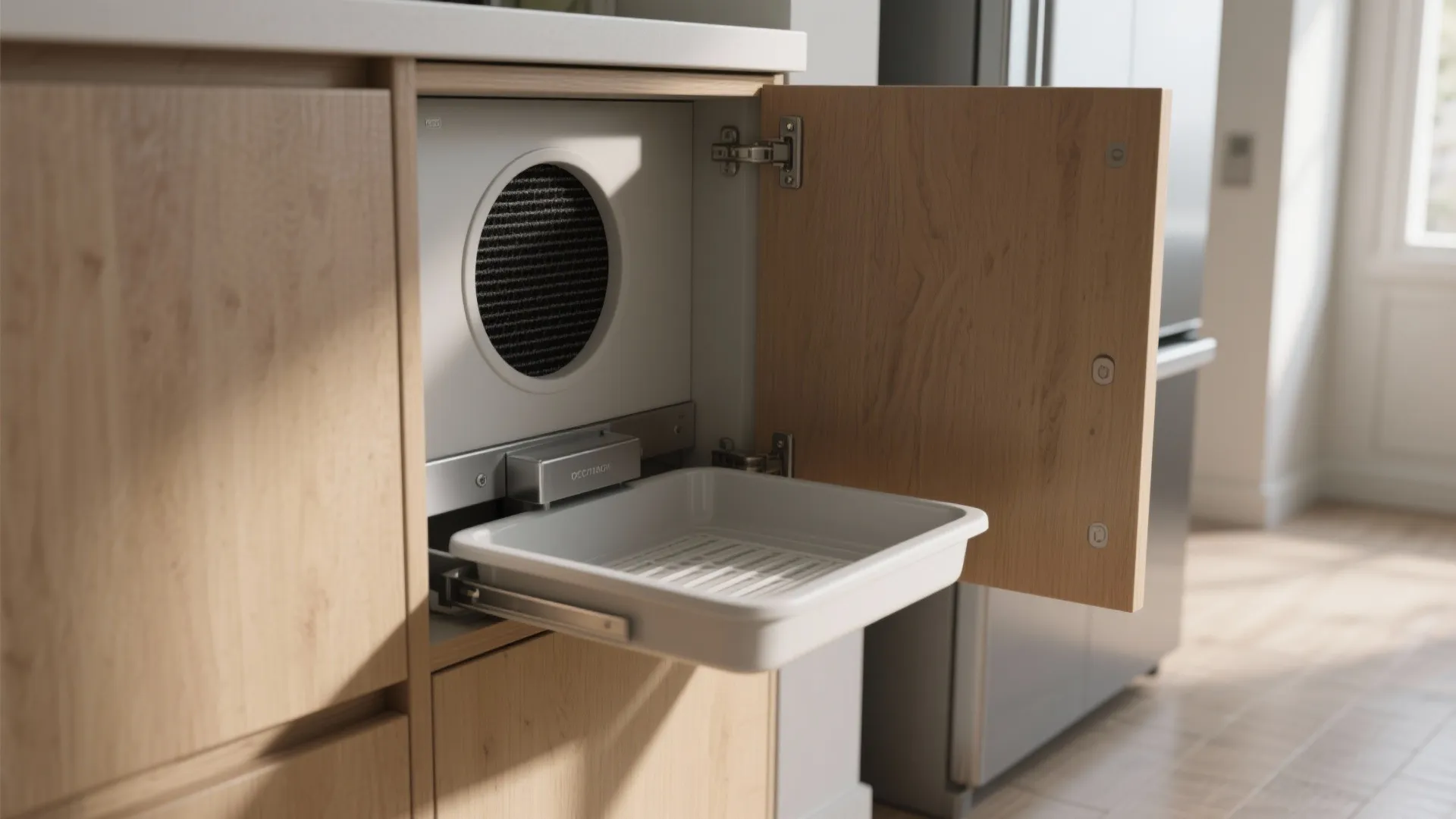 Interior design drawing of a built in wooden cabinet with an open door and drawer