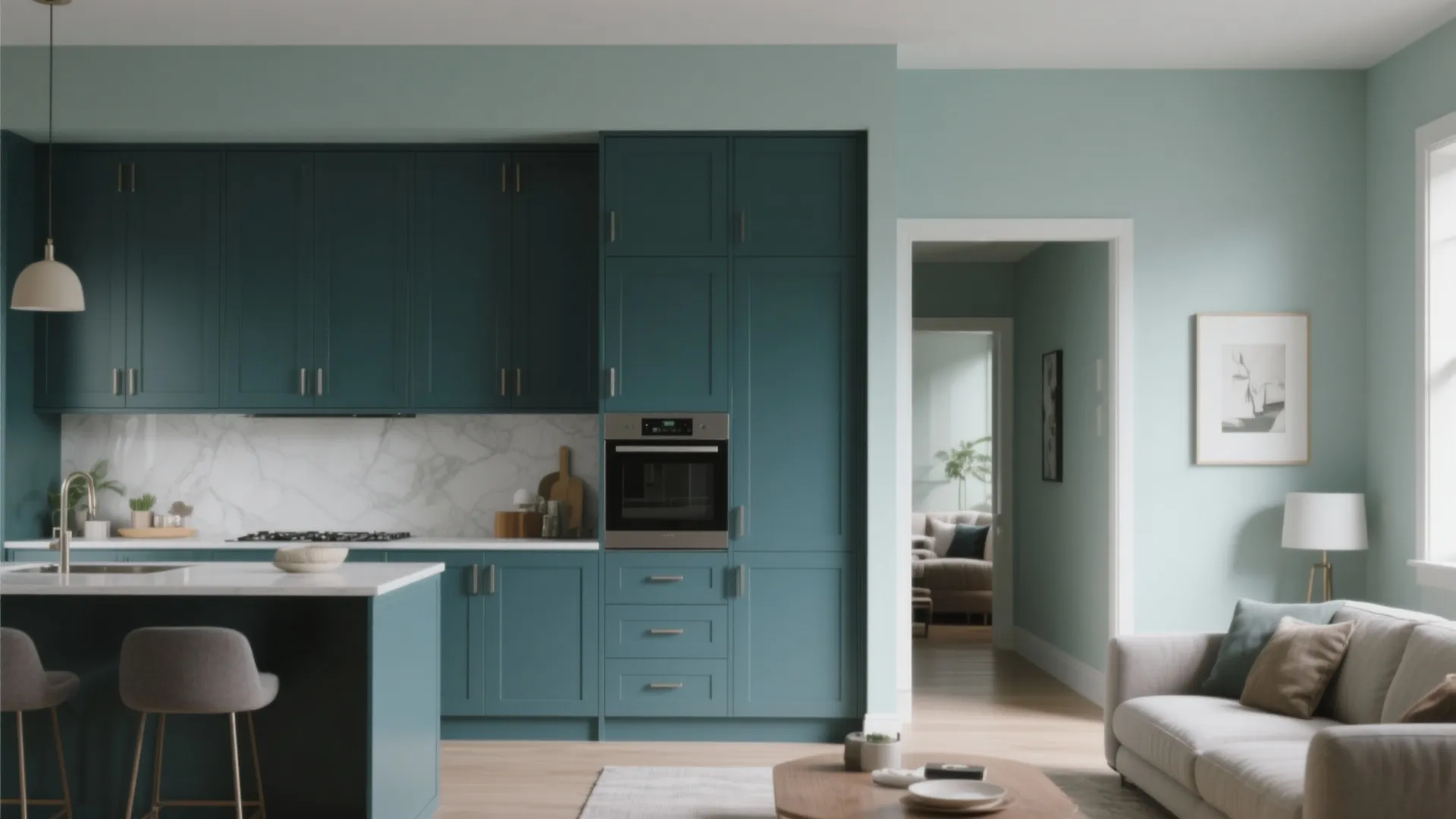 3. Coordinated Kitchen Cabinet Color, Living Area Wall Color